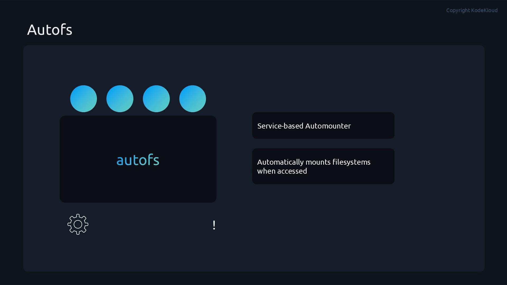 A dark-themed slide titled "Autofs" showing a central card labeled "autofs" with three blue gradient circles above it and two rounded info boxes reading "Service-based Automounter" and "Automatically mounts filesystems when accessed." A gear icon and an exclamation mark are visible near the bottom.