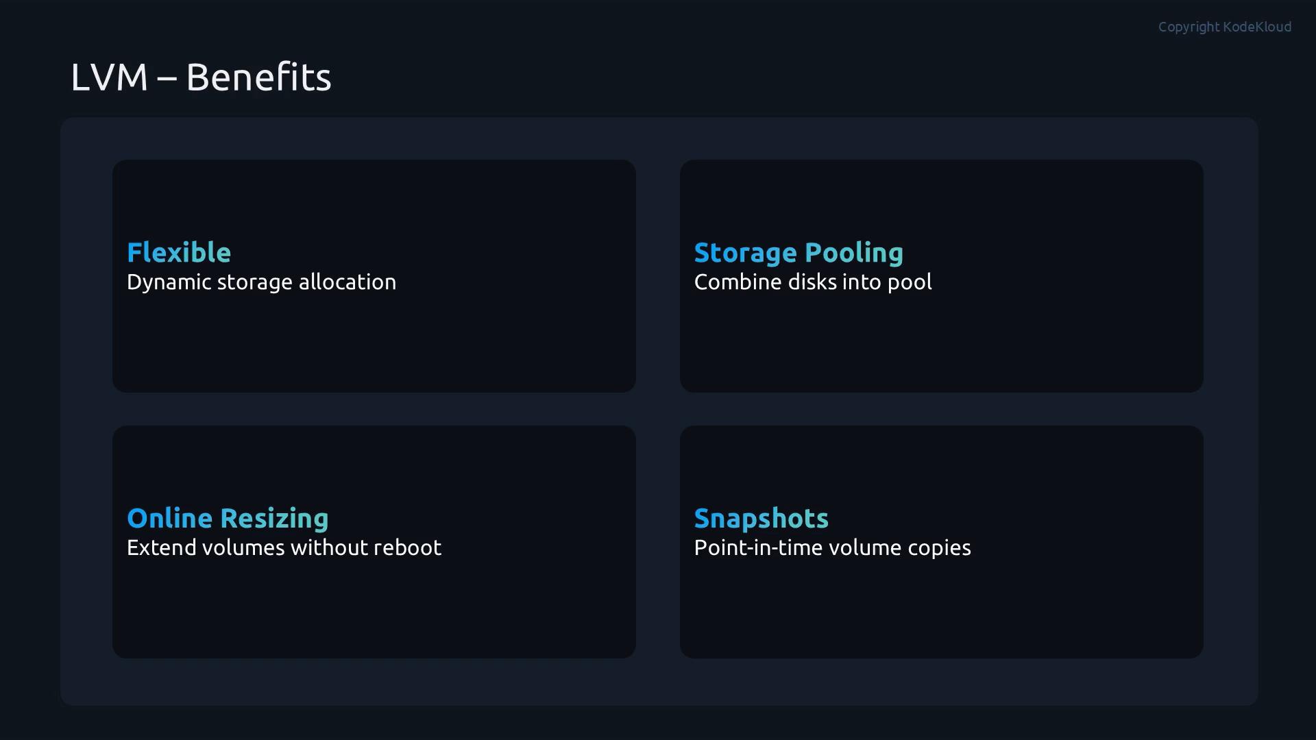 A dark-themed slide titled "LVM - Benefits" showing four feature boxes. They list Flexible (dynamic storage allocation), Storage Pooling (combine disks into pool), Online Resizing (extend volumes without reboot), and Snapshots (point‑in‑time volume copies).
