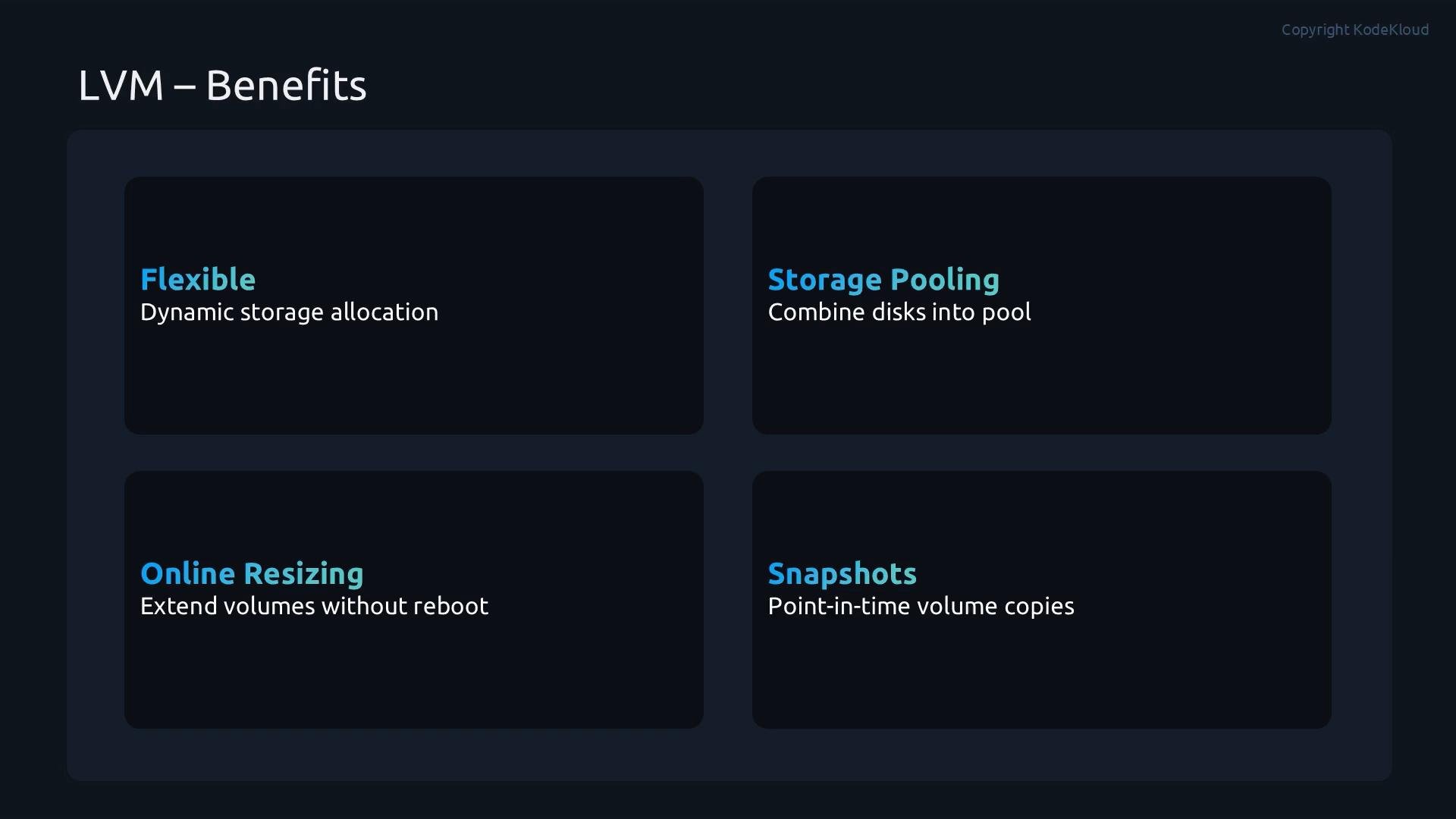 A dark-themed slide titled "LVM - Benefits" showing four feature boxes. They list Flexible (dynamic storage allocation), Storage Pooling (combine disks into pool), Online Resizing (extend volumes without reboot), and Snapshots (point‑in‑time volume copies).
