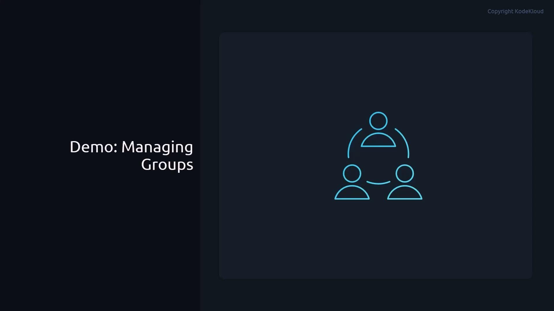 A dark presentation slide titled "Demo: Managing Groups" on the left with a blue line-icon of three connected people on the right. The design is minimalist with a navy background.
