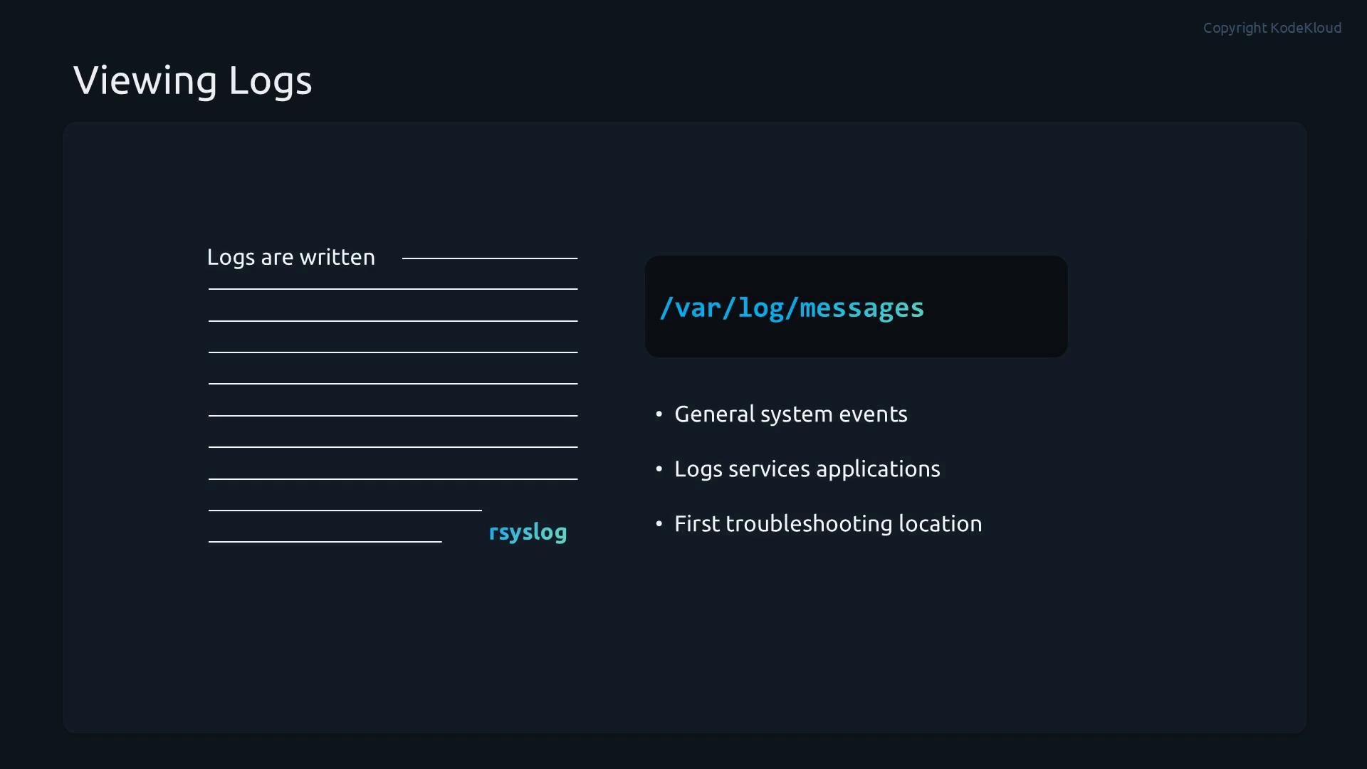 A dark-themed slide titled "Viewing Logs" that highlights the log file path "/var/log/messages." It lists uses like general system events, logging services/applications, and first troubleshooting location, with "Logs are written" and "rsyslog" shown on the left.