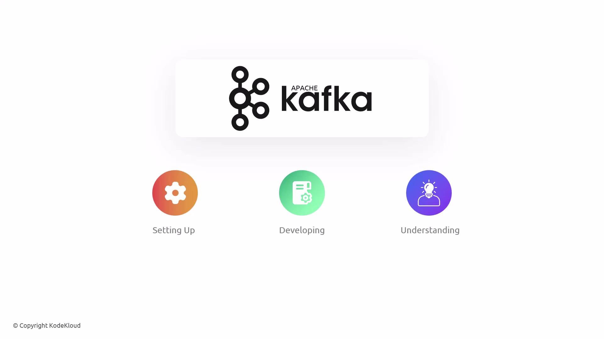 The image features the Apache Kafka logo at the top, with three icons below labeled "Setting Up," "Developing," and "Understanding."