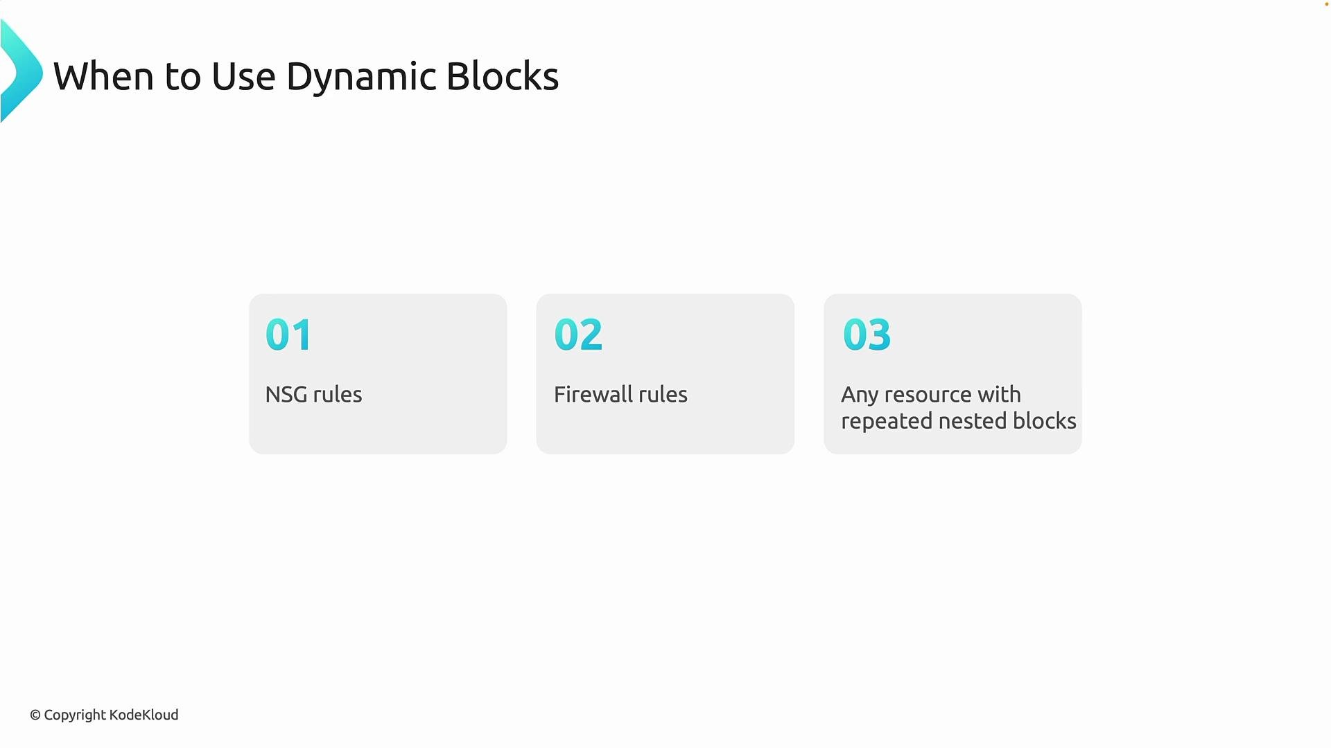 The image outlines when to use dynamic blocks, listing NSG rules, firewall rules, and any resource with repeated nested blocks.