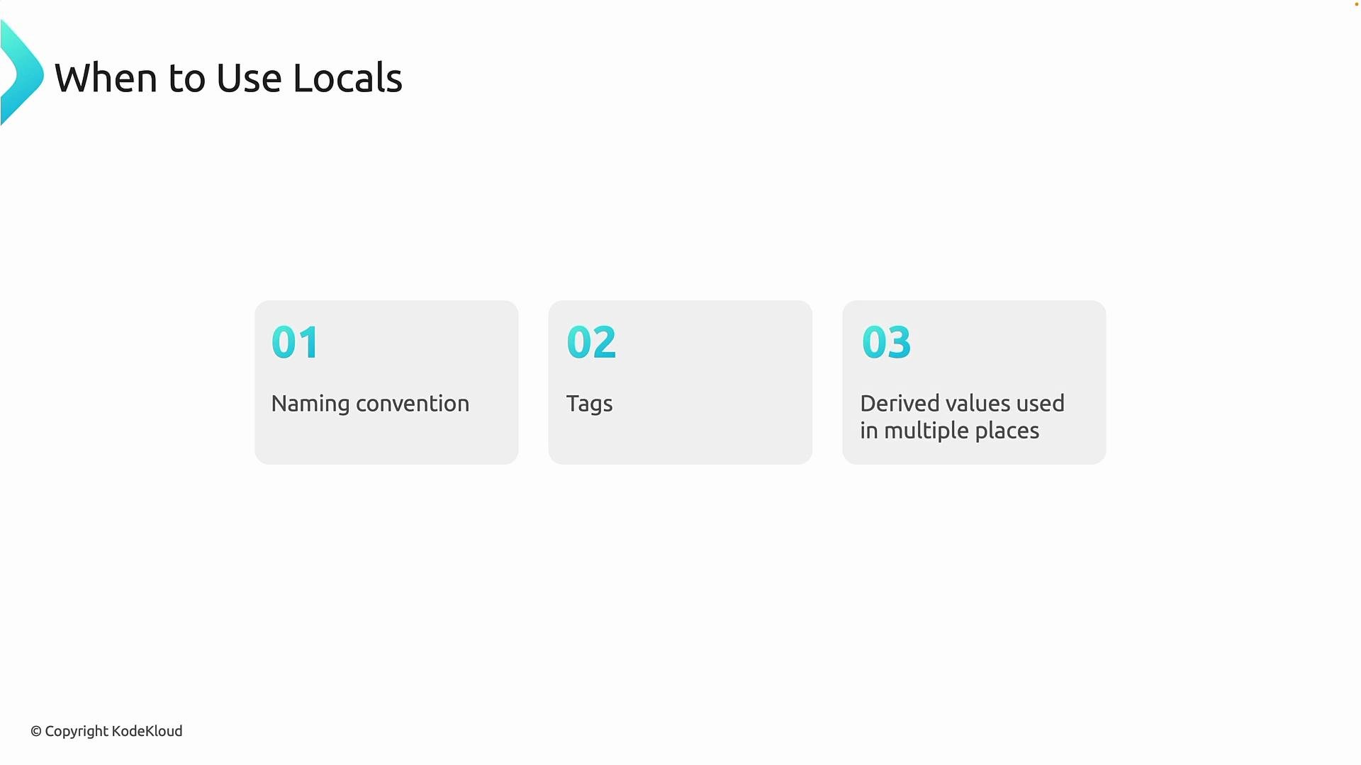 The image is a slide titled "When to Use Locals" and lists three points: "Naming convention," "Tags," and "Derived values used in multiple places."