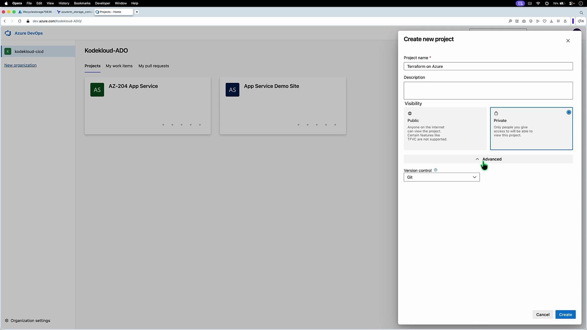 The image shows the Azure DevOps interface with a section for creating a new project, including options for project name, description, visibility, and version control. There are two existing project cards displayed in the background.