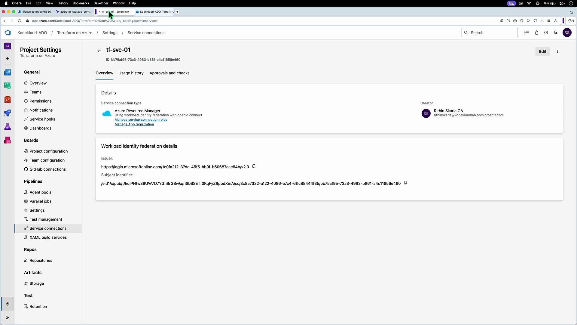 The image shows a screenshot of the Azure DevOps project settings page, specifically detailing a service connection for "Terraform on Azure" with workload identity federation details.