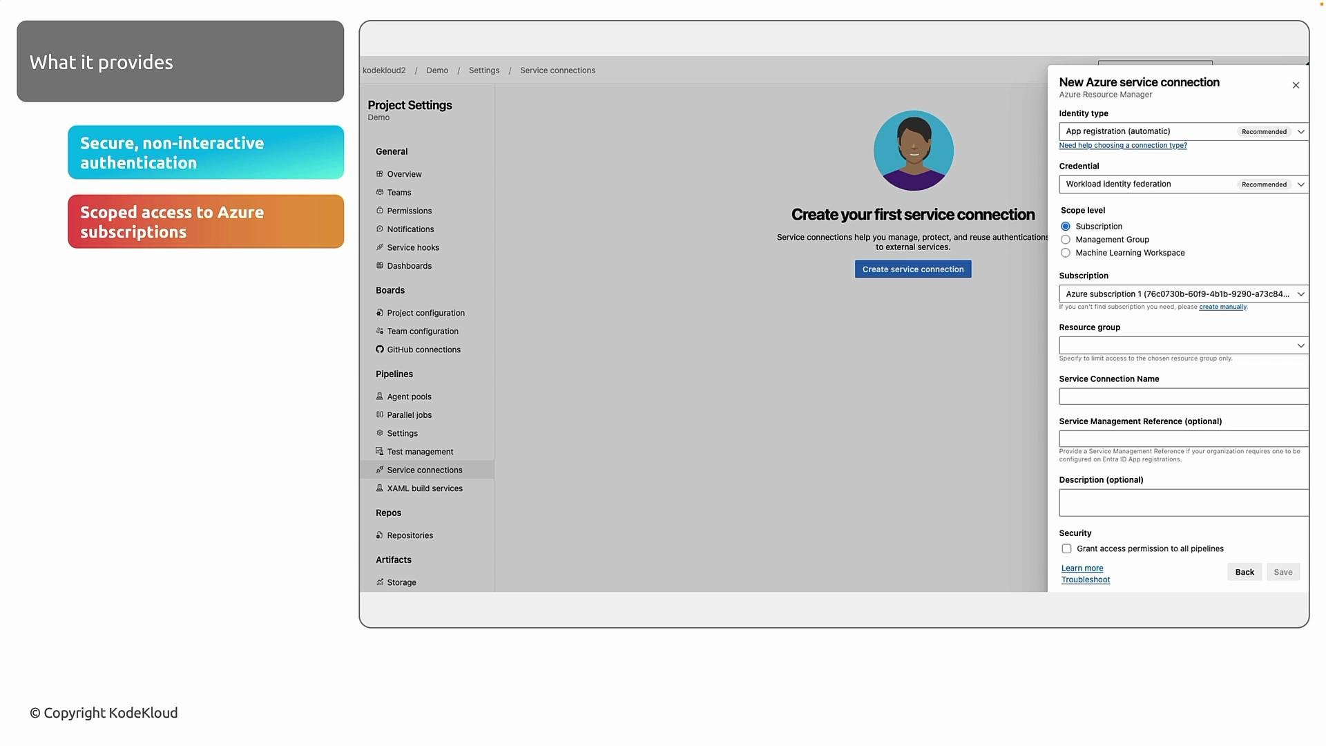 The image shows a project settings interface for creating an Azure service connection, highlighting "secure, non-interactive authentication" and "scoped access to Azure subscriptions."