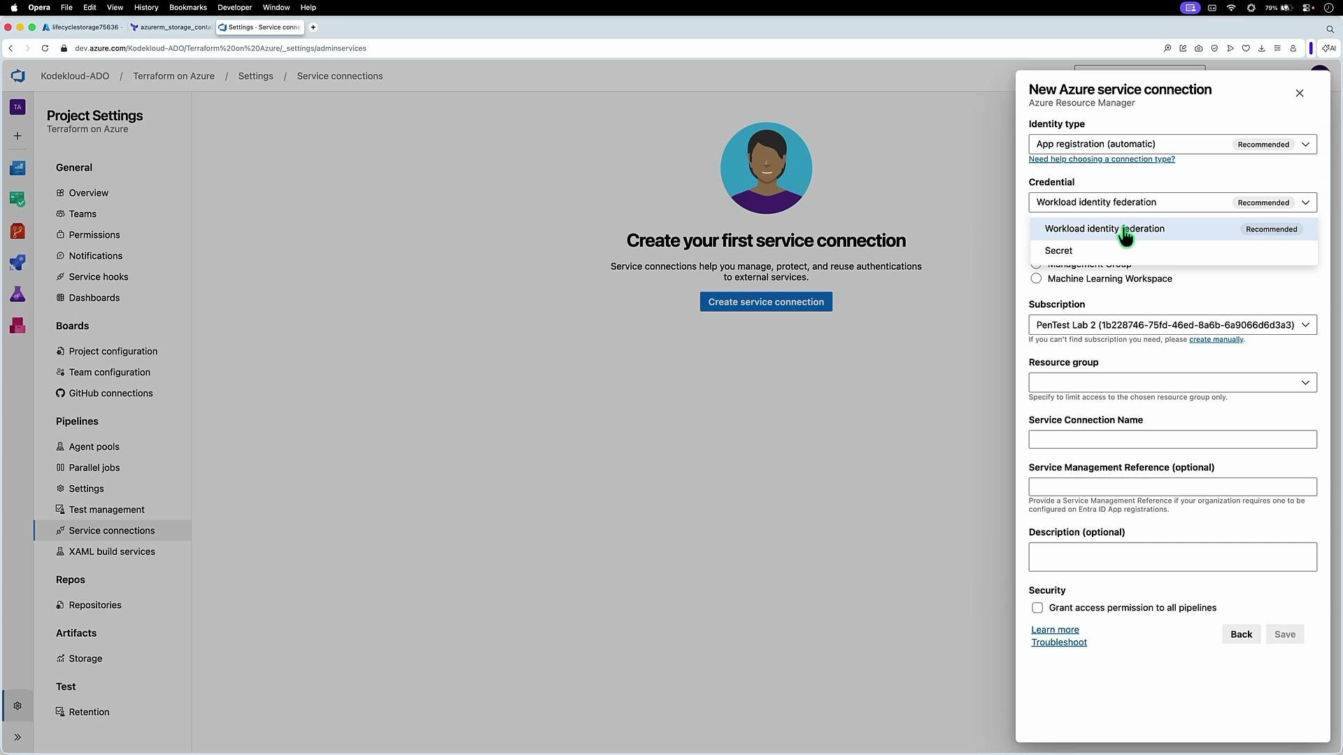 The image shows a web interface for creating a new Azure service connection in the "Project Settings" of an application, with options for selecting identity type, credentials, and subscription details.