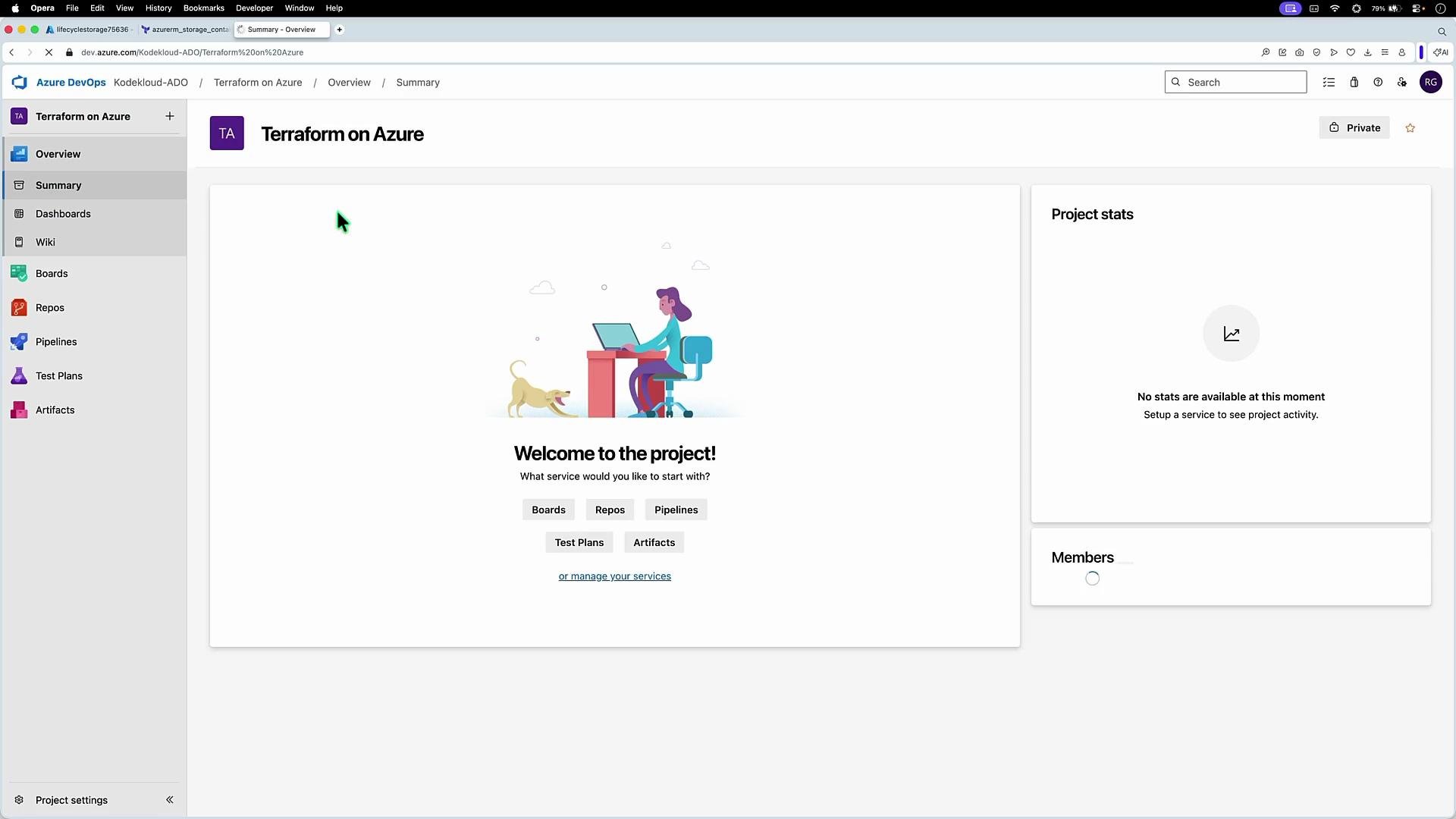 The image displays a project dashboard in Azure DevOps titled "Terraform on Azure," with a welcome message and options to start services like Boards, Repos, and Pipelines. It also shows project stats with no available data and a placeholder for project members.