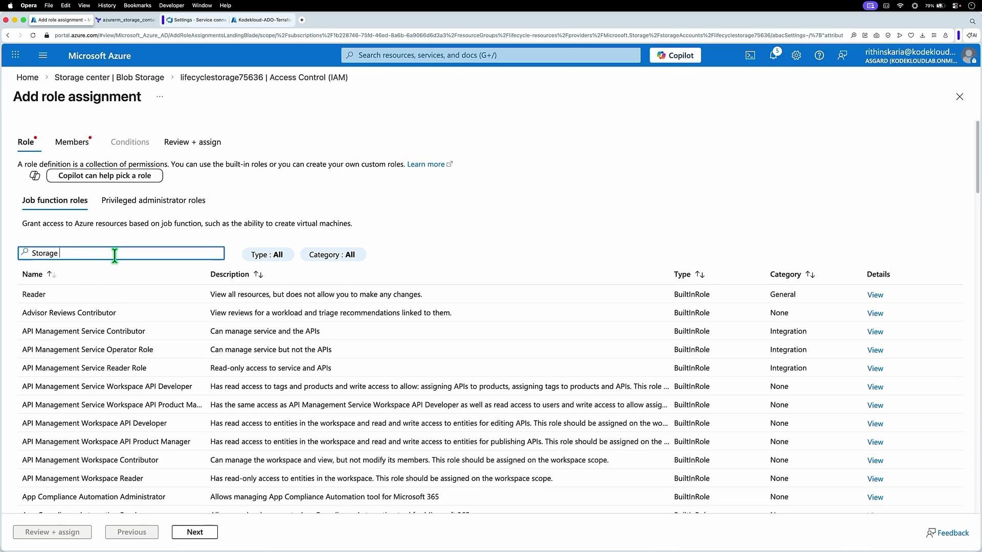 This image shows a Microsoft Azure portal interface for adding a role assignment in Access Control (IAM) for blob storage. It includes sections for selecting roles, members, and conditions, with a searchable list of available roles.