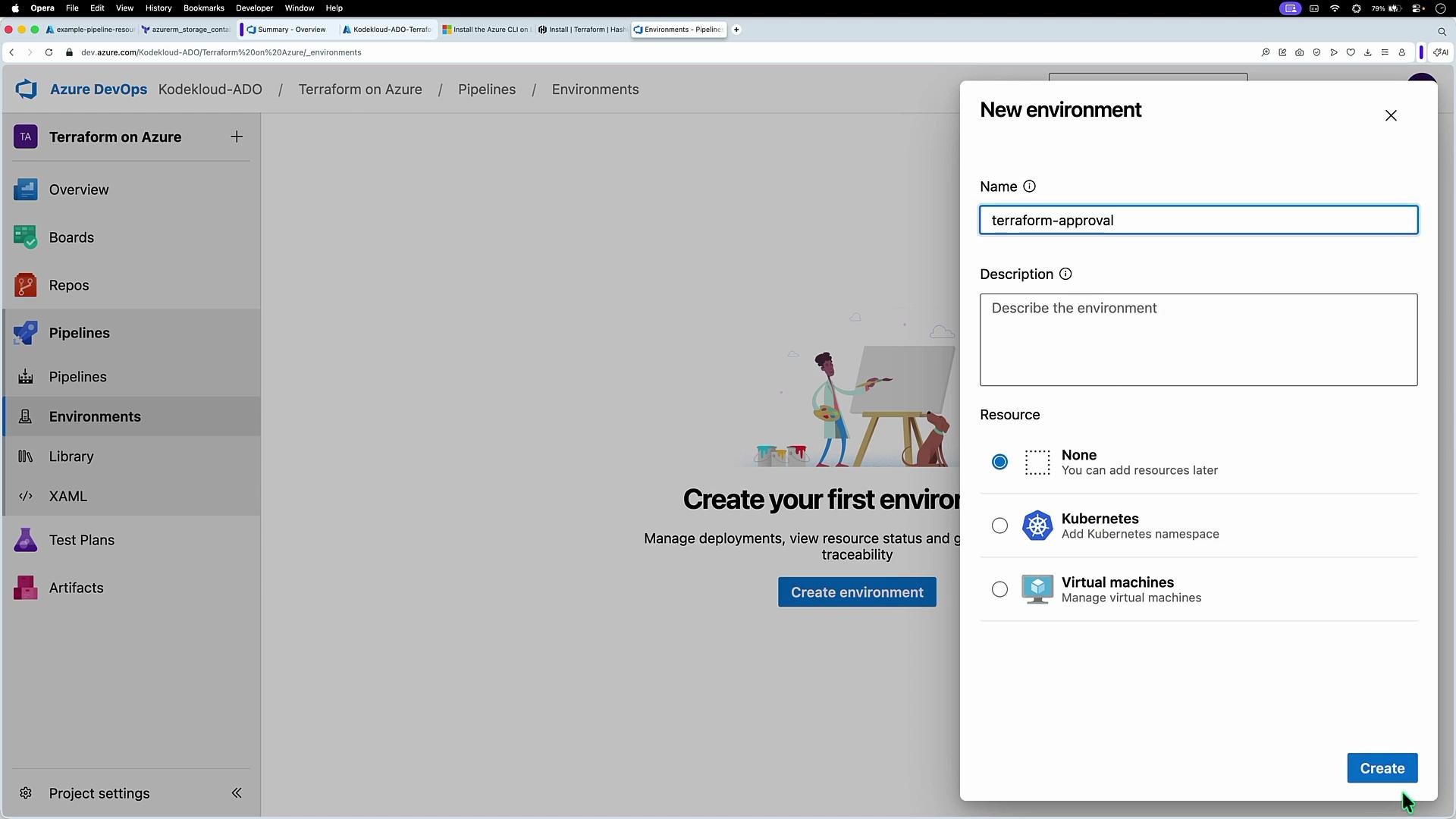 The image shows an Azure DevOps interface with a form to create a new environment, offering options for resources like Kubernetes and virtual machines.