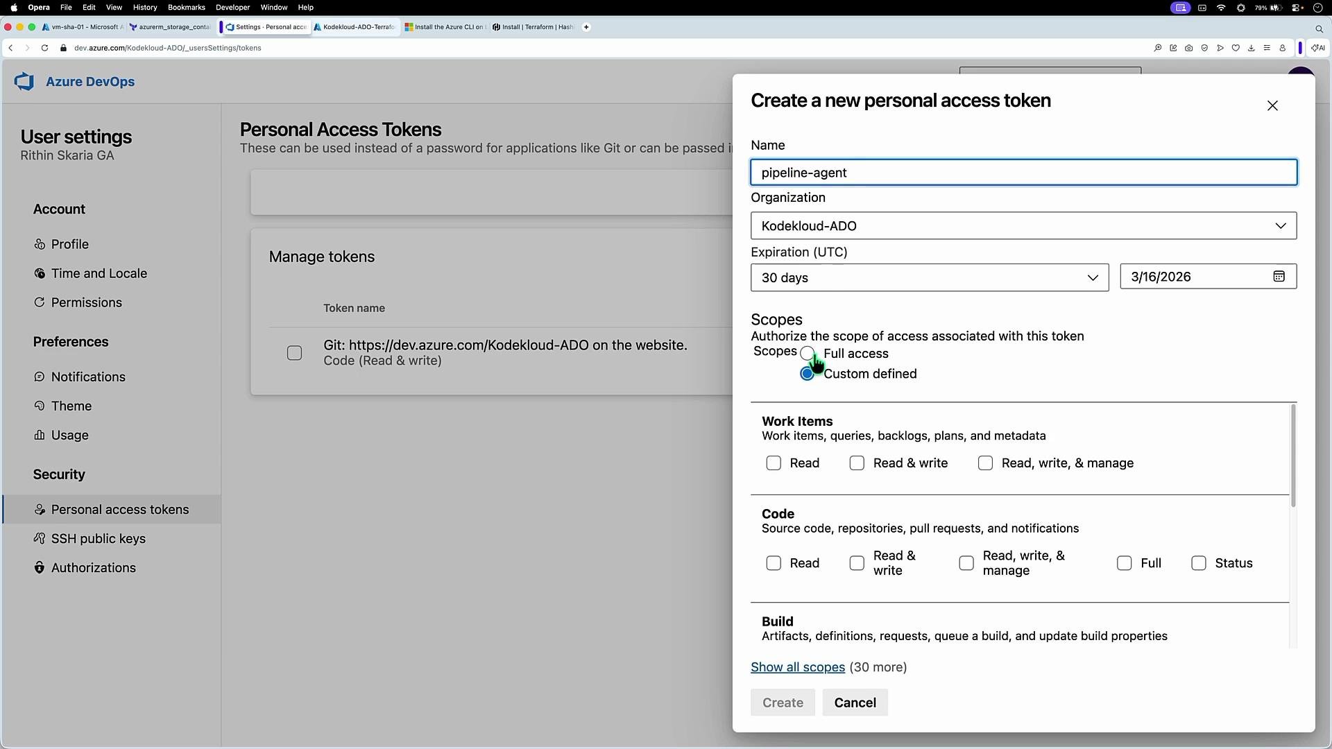 The image shows a browser window with the Azure DevOps settings page, specifically the "Personal Access Tokens" section. A modal is open for creating a new personal access token, allowing customization of permissions and expiration settings.