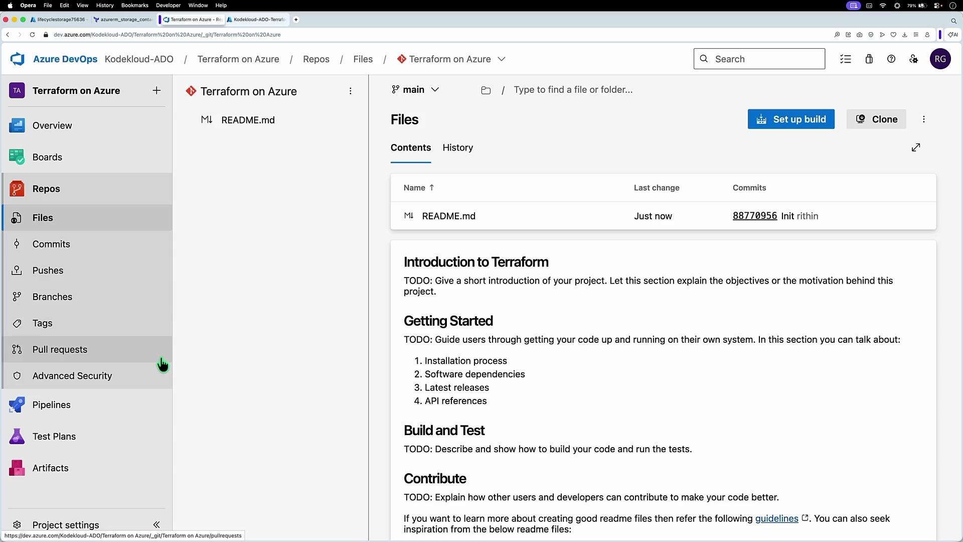 The image shows an Azure DevOps interface with a repository named "Terraform on Azure" featuring a README.md file. The file includes sections for "Introduction to Terraform," "Getting Started," "Build and Test," and "Contribute."