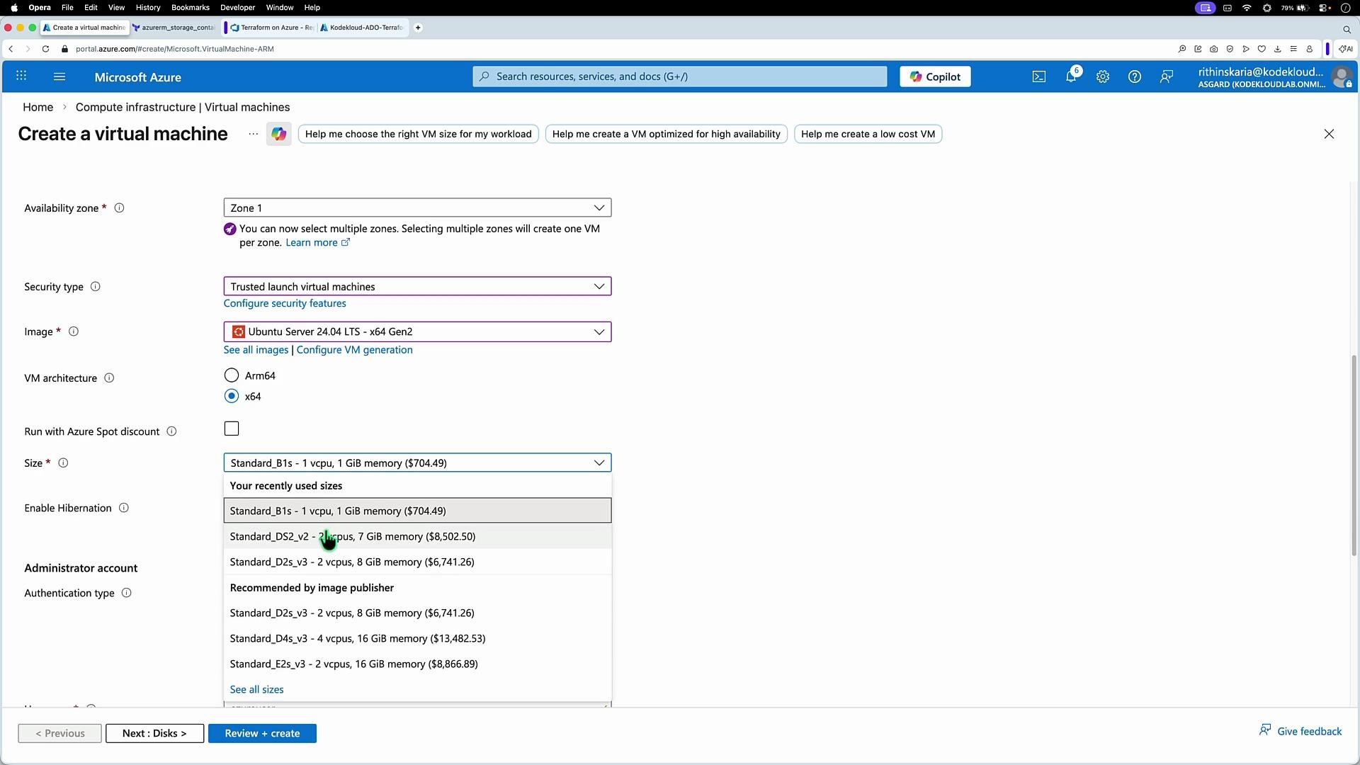 The image shows a Microsoft Azure portal interface for creating a virtual machine, with options for availability zone, security type, image selection, VM architecture, and size.