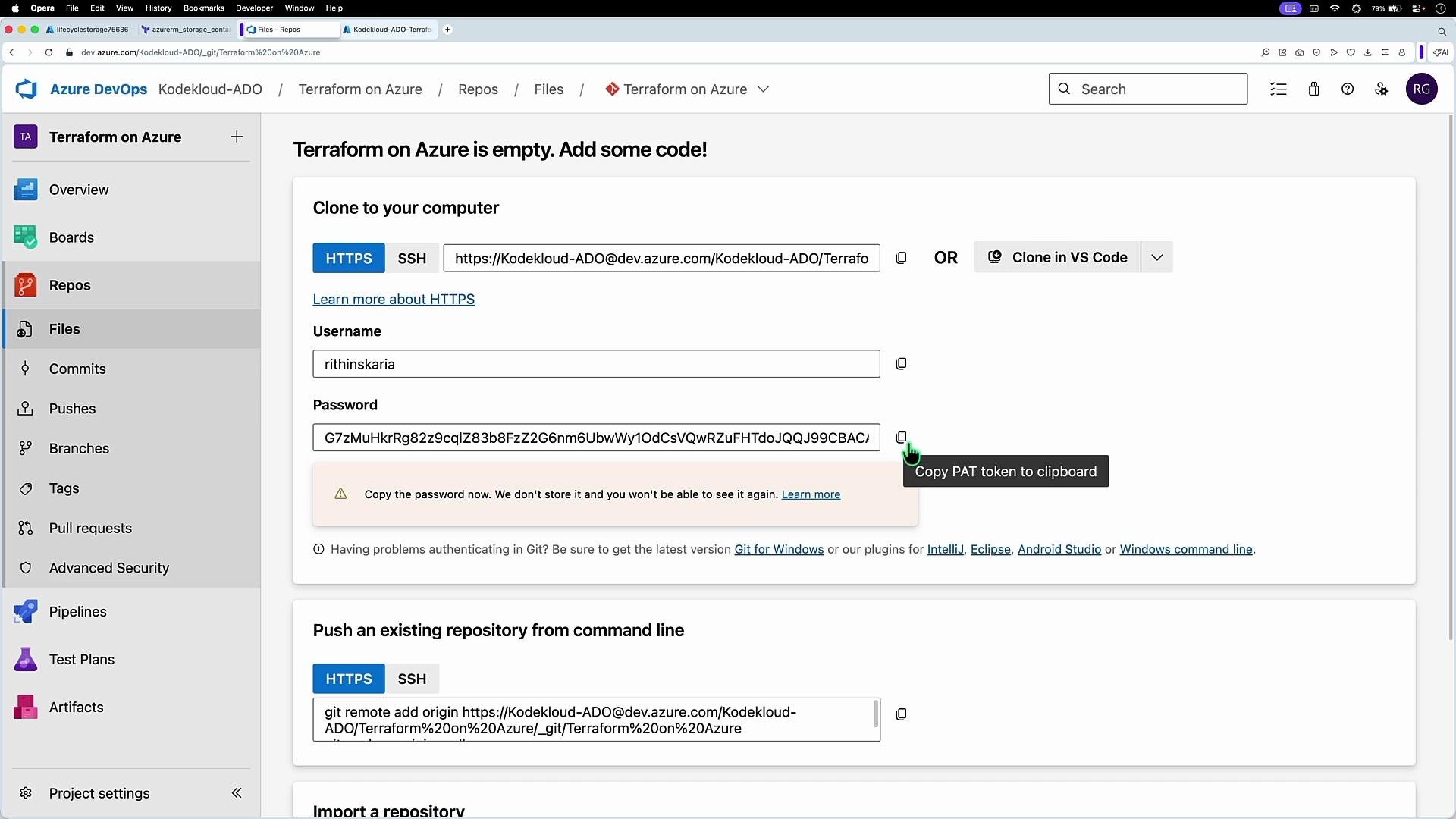 The image shows a screenshot of an Azure DevOps repository page titled "Terraform on Azure," including options to clone the repository via HTTPS or SSH and instructions for pushing an existing repository.