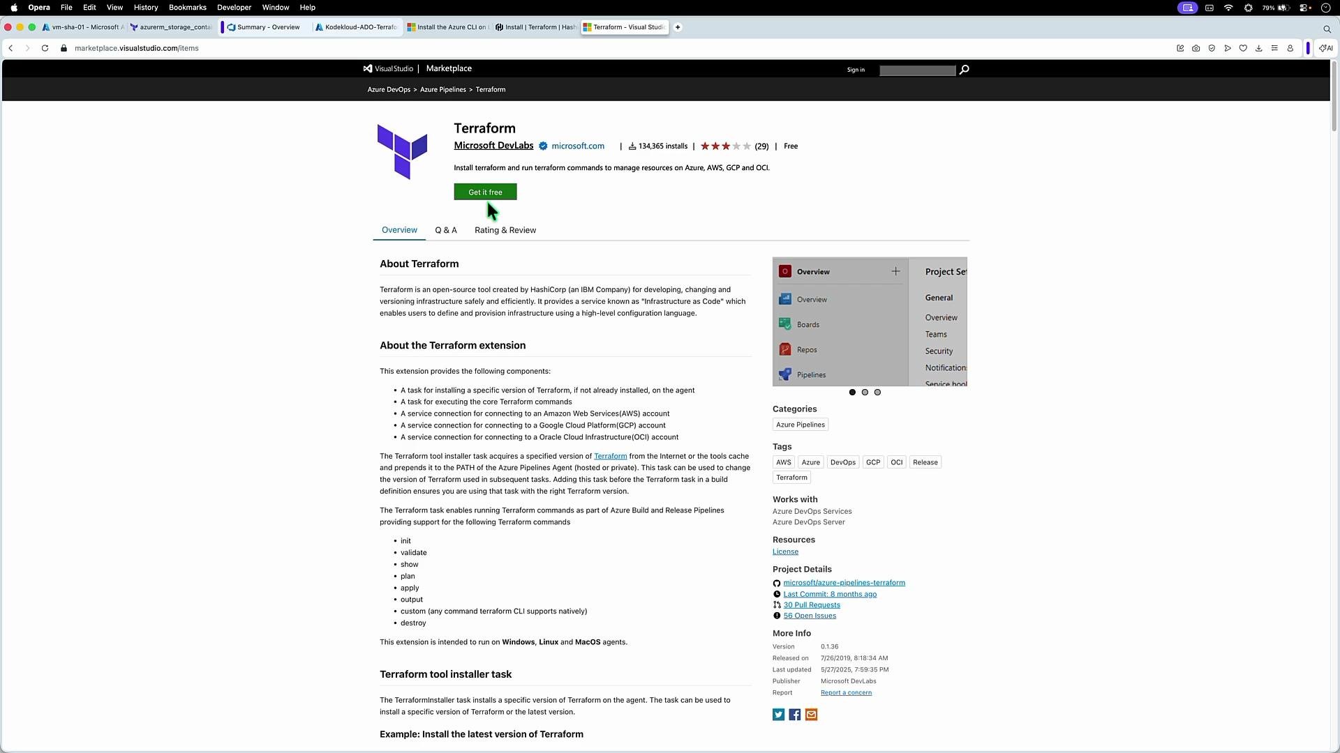 The image is a screenshot of the Visual Studio Marketplace page for Terraform, an extension by Microsoft DevLabs, with installation details and features listed.