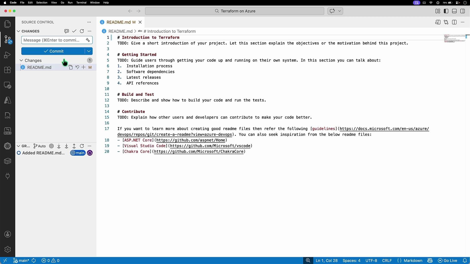 The image shows a Visual Studio Code interface with a README.md file open, displaying markdown instructions for introducing a Terraform project, including sections for Getting Started, Build and Test, and Contribute. The sidebar shows source control options and changes.