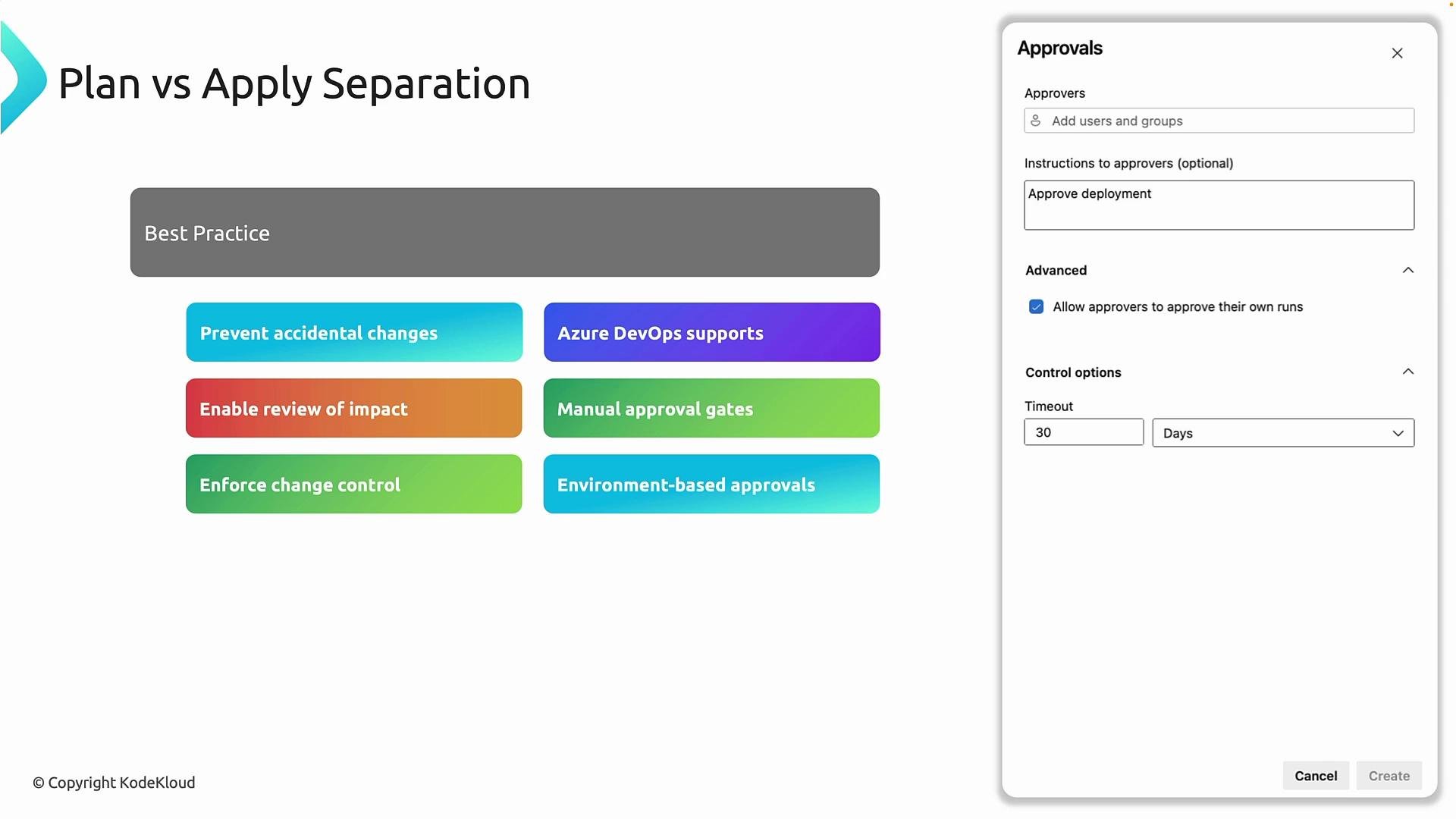 The image displays a presentation slide about "Plan vs Apply Separation" with best practices, and an approvals settings panel from a software interface.