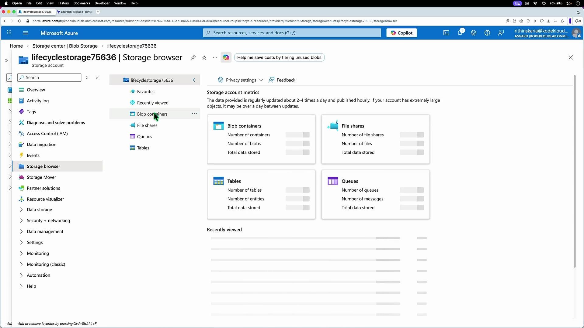 The image shows a Microsoft Azure portal interface displaying a storage account overview with metrics for blob containers, file shares, tables, and queues. The sidebar includes options like overview, activity log, tags, and storage browser.