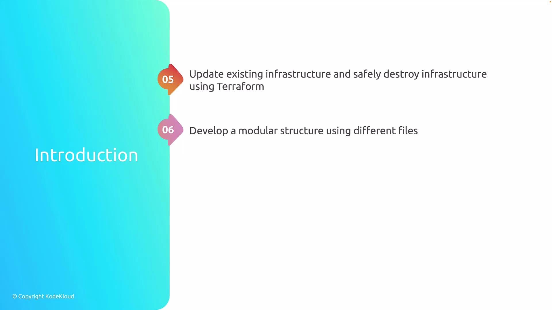The image shows a gradient blue panel labeled "Introduction" on the left, alongside two points numbered 05 and 06 on the right, discussing infrastructure updates with Terraform and developing a modular structure.
