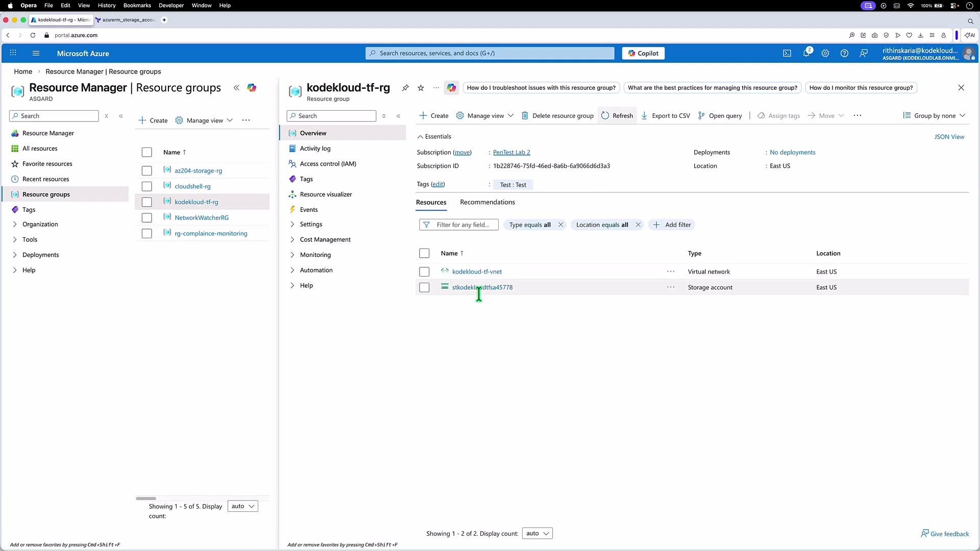 The image shows a Microsoft Azure portal interface displaying resource groups and resources within a selected group named "kodekloud-tf-rg," which includes a virtual network and a storage account located in East US.