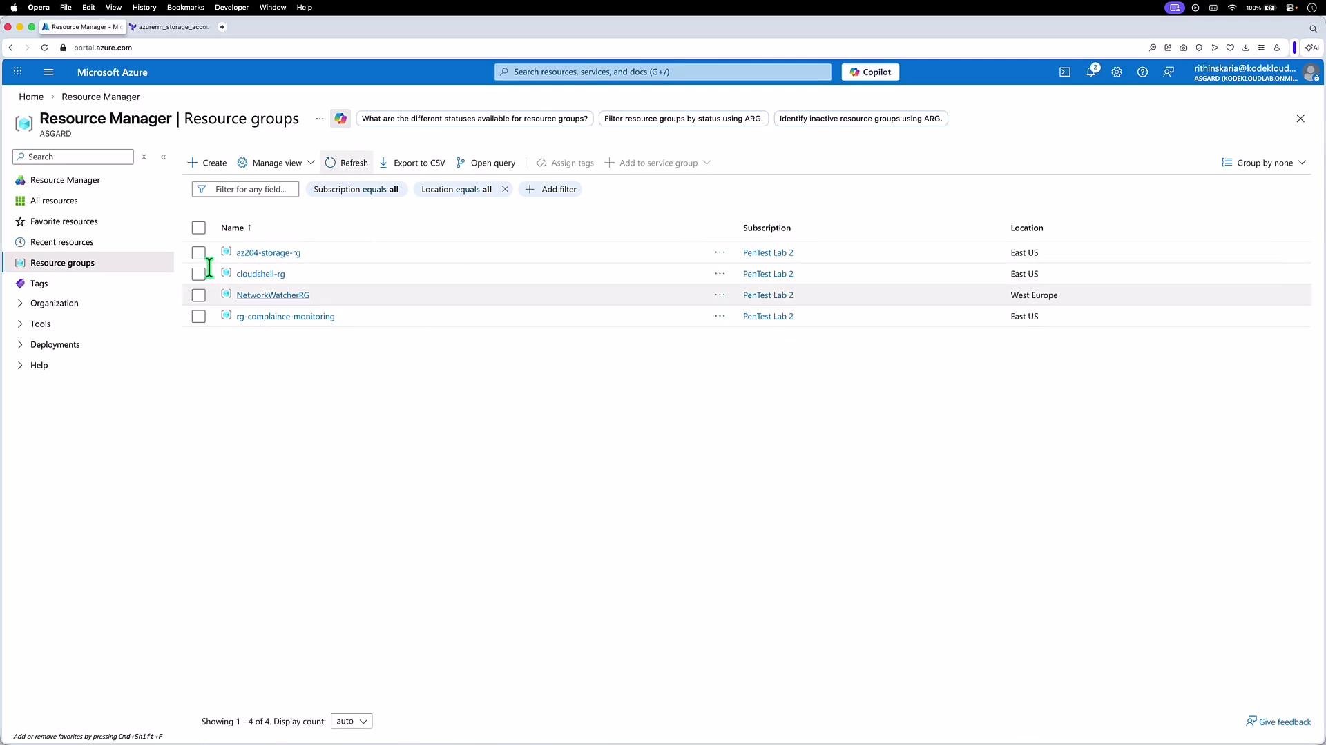 The image shows a Microsoft Azure portal page displaying a list of resource groups, along with their corresponding subscriptions and locations. The interface includes options to create, refresh, export, and filter the resource groups.