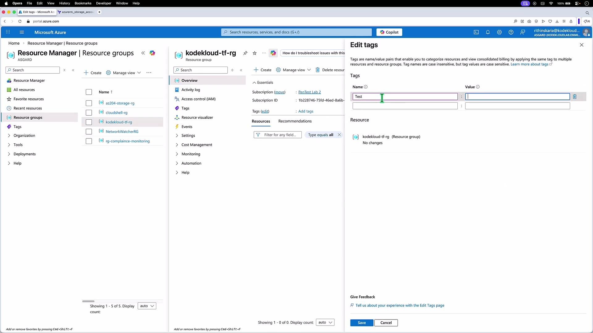 The image shows the Microsoft Azure portal, specifically the Resource Manager section where a user is editing tags for a resource group named "kodekloud-tf-rg."