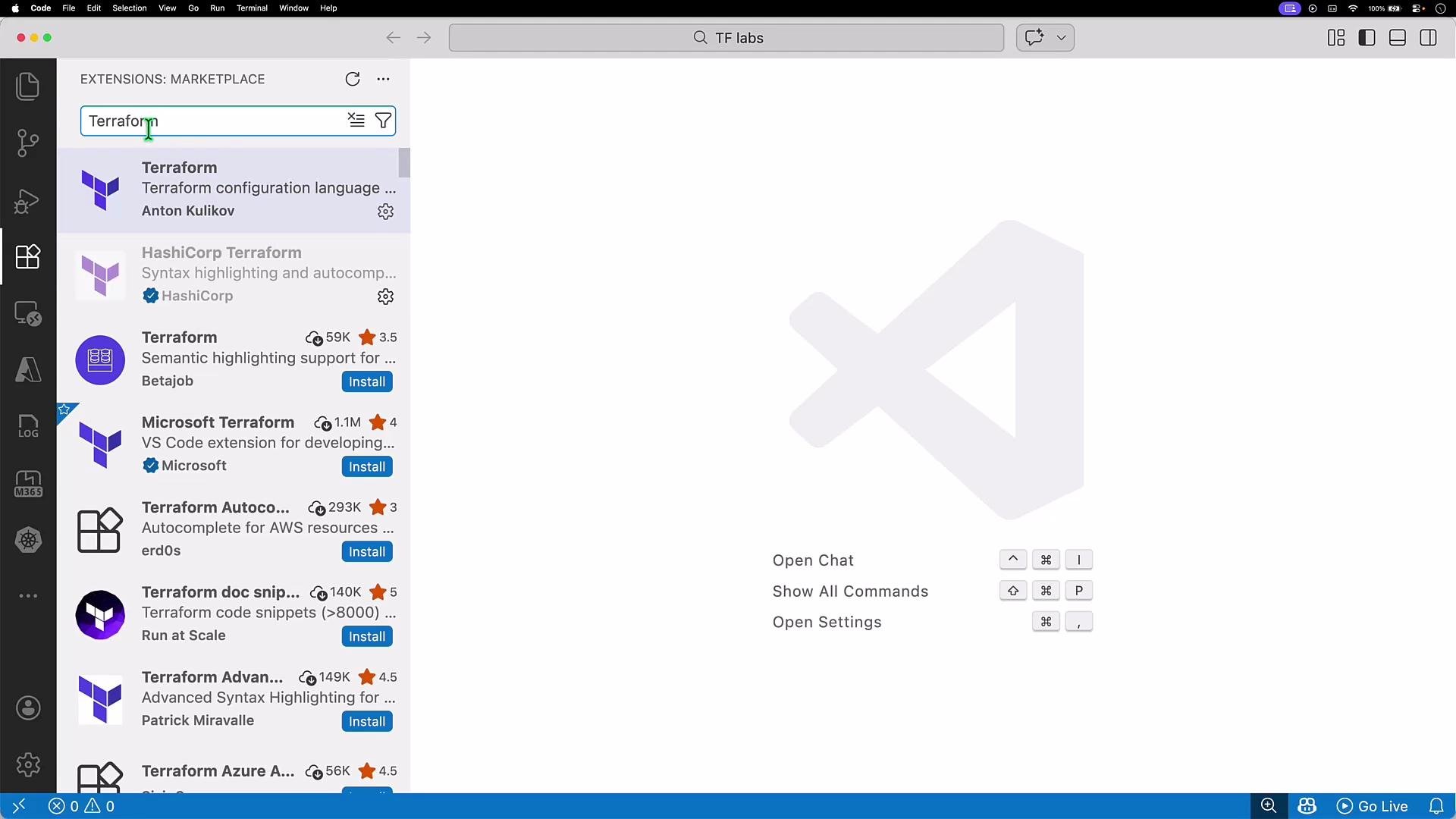 This image shows the Visual Studio Code (VS Code) interface with the Extensions Marketplace open, displaying search results for "Terraform" extensions. Various extensions related to Terraform configuration and syntax highlighting are listed with options to install them.
