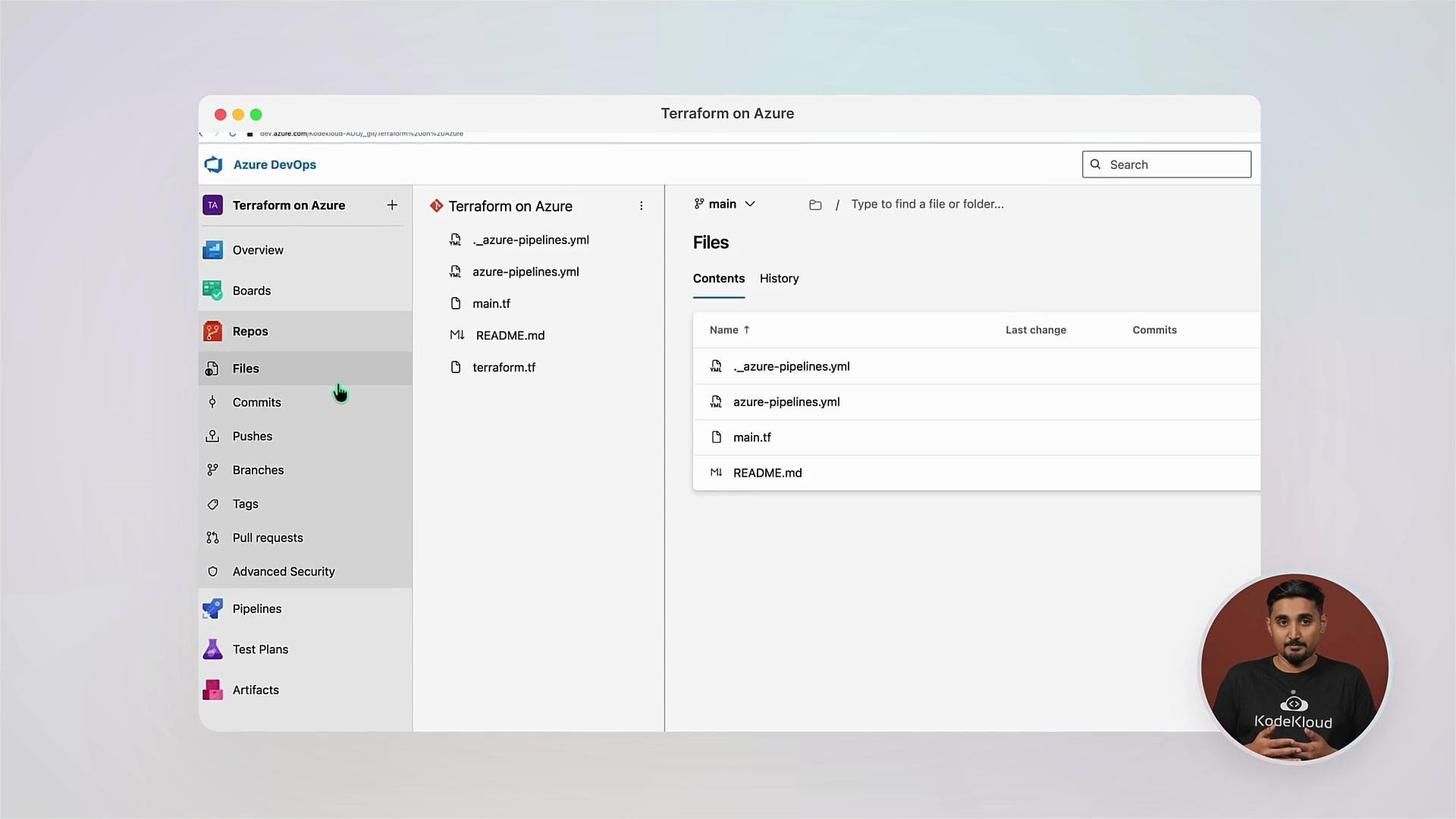 The image shows an Azure DevOps interface with a repository named "Terraform on Azure" containing several files. In the bottom right corner, there's an overlay of a person from KodeKloud.