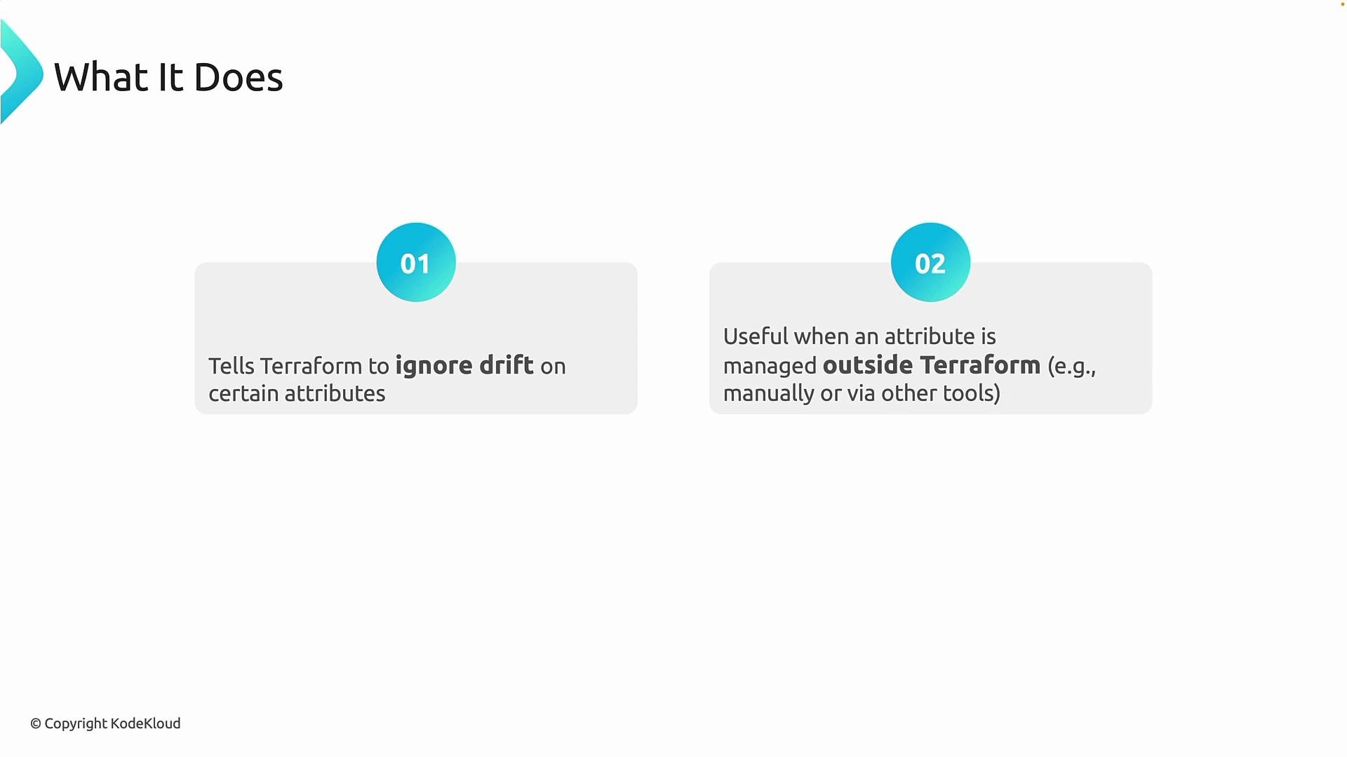 The image describes two functions of a Terraform feature: ignoring drift on certain attributes and managing attributes outside Terraform.