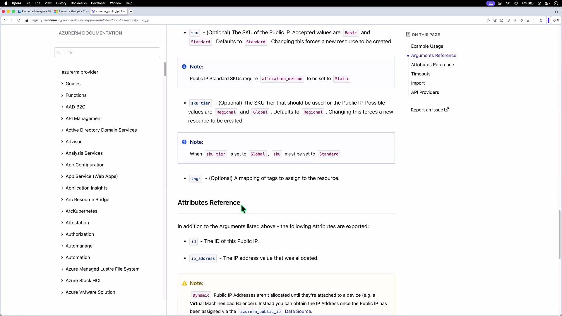 This is a screenshot of the AzureRM documentation for Terraform, focusing on the configuration of a public IP resource. It includes parameter options, notes, and attribute references related to the setup.