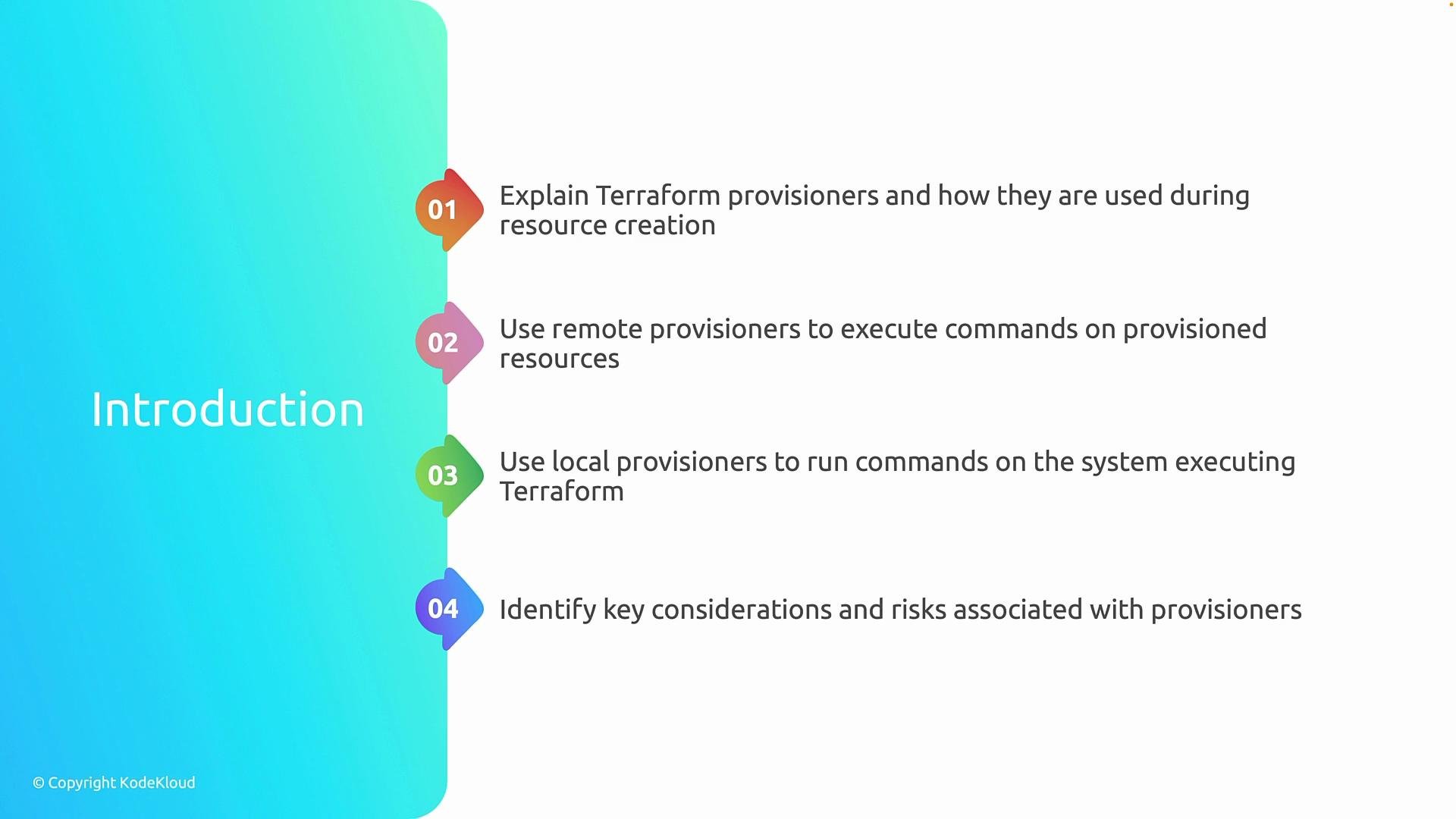 The image is an introduction slide outlining four points about Terraform provisioners, including their use during resource creation, executing commands on provisioned resources, running commands locally, and addressing key considerations and risks.