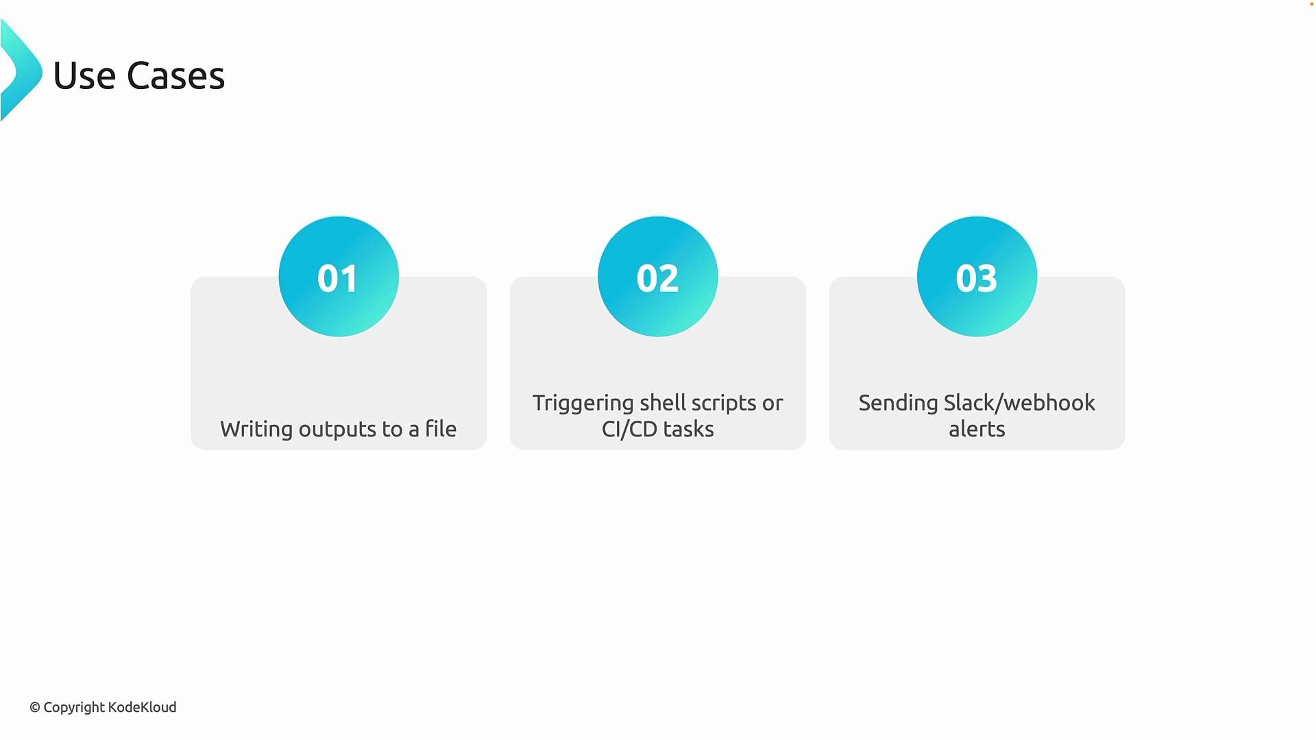 The image lists three use cases: writing outputs to a file, triggering shell scripts or CI/CD tasks, and sending Slack/webhook alerts.