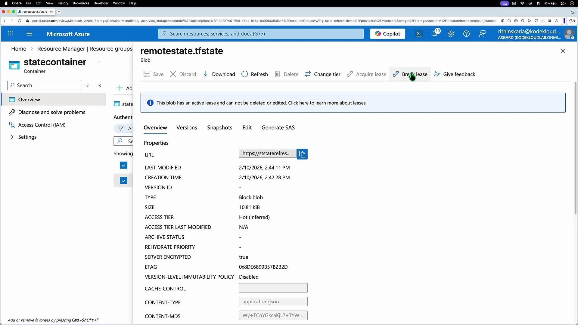 The image shows a Microsoft Azure portal interface displaying the details of a blob storage item named "remotestate.tfstate" within a container, including its properties like URL, creation time, size, and encryption status.