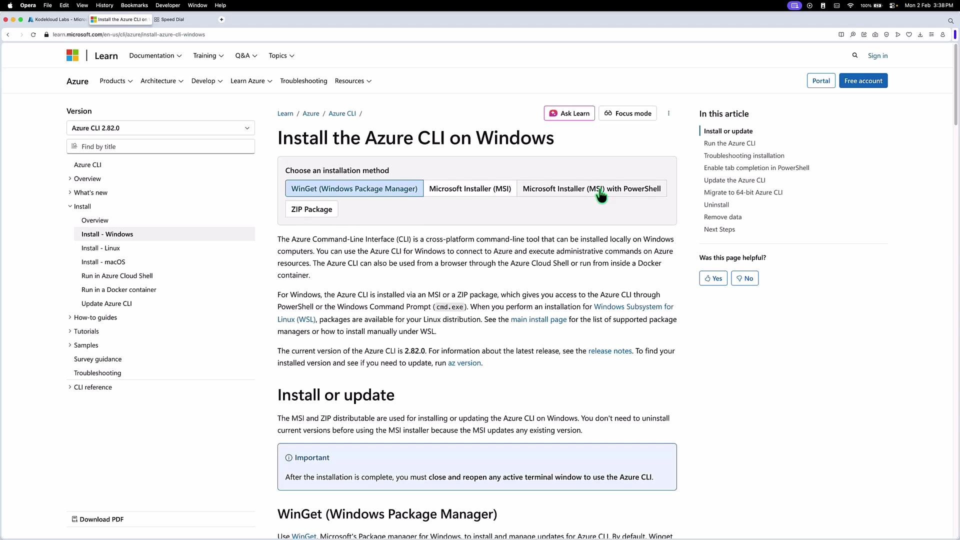 The image shows a Microsoft Learn webpage detailing how to install the Azure CLI on Windows, with options for different installation methods like WinGet and MSI.