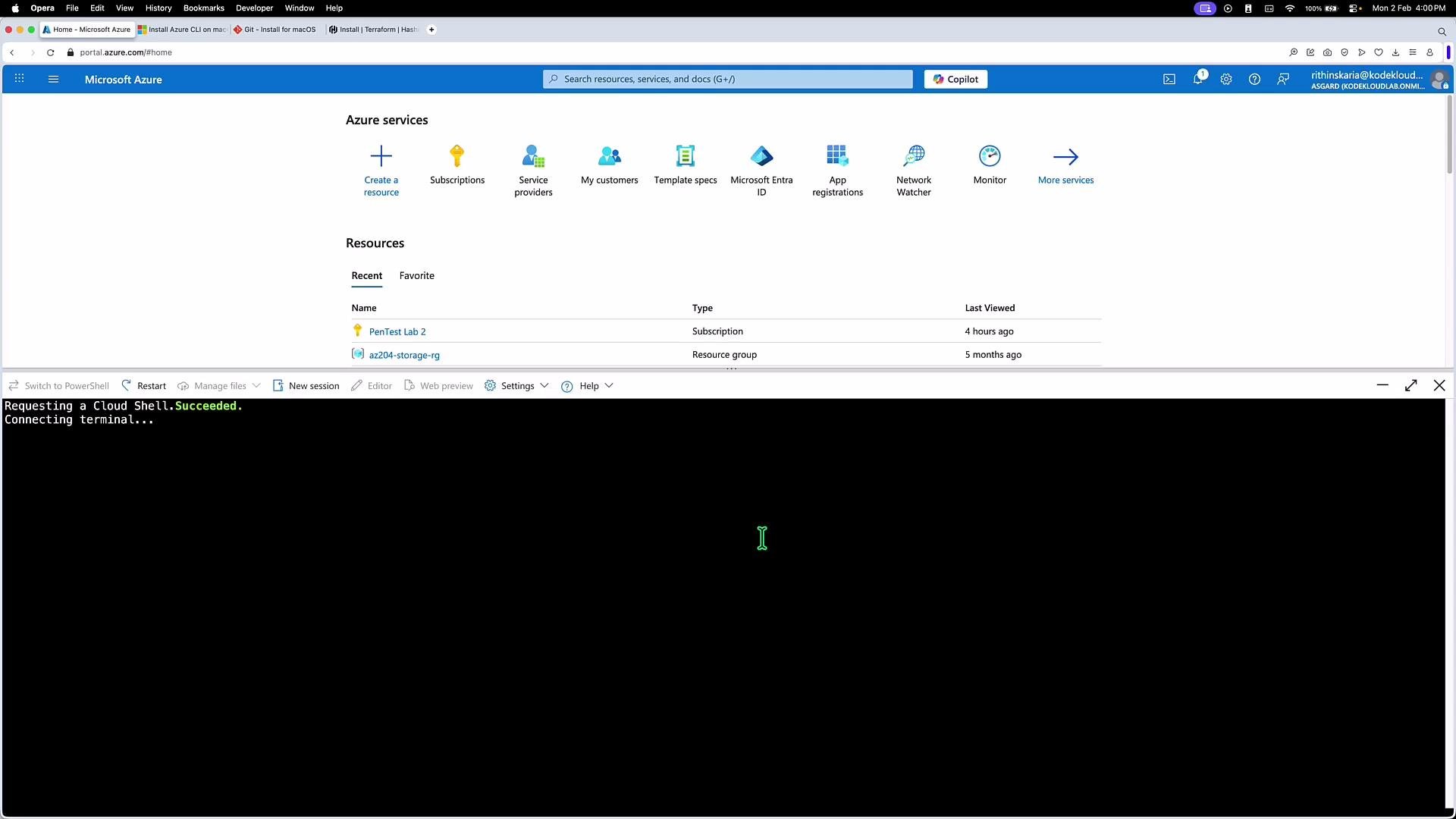 The image shows the Microsoft Azure portal interface with options for Azure services and resources, along with a Cloud Shell terminal being connected at the bottom.