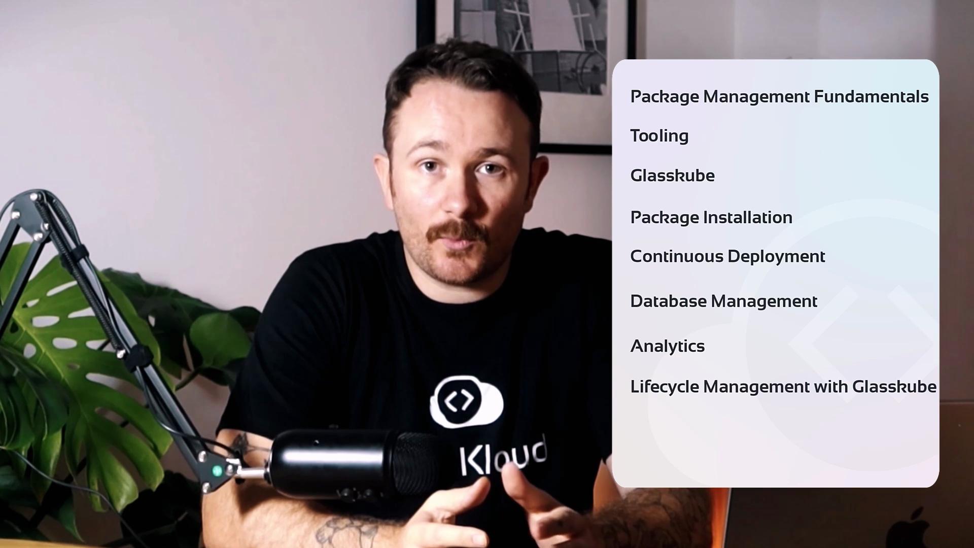 A person is sitting in front of a microphone with a list of topics related to package and lifecycle management displayed beside them.
