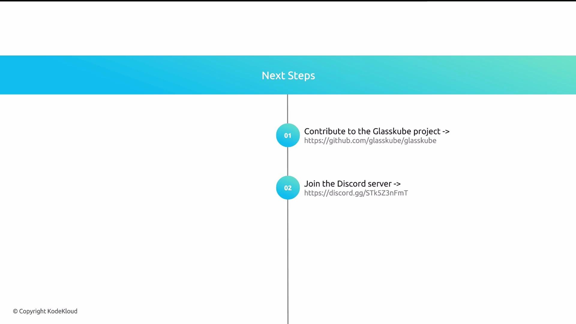 The image shows a "Next Steps" section with two points: one is to contribute to the Glasskube project via a GitHub link, and the other is to join a Discord server via another link.