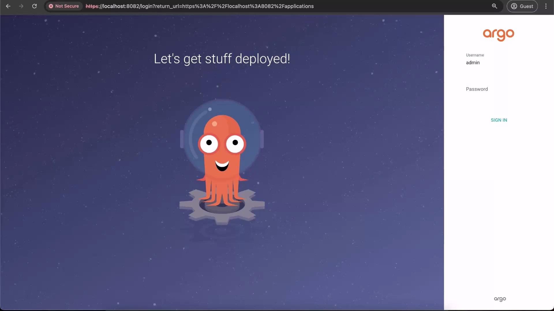 The image shows a login screen for "Argo" with a cartoon octopus in a helmet, accompanied by the text "Let's get stuff deployed!"