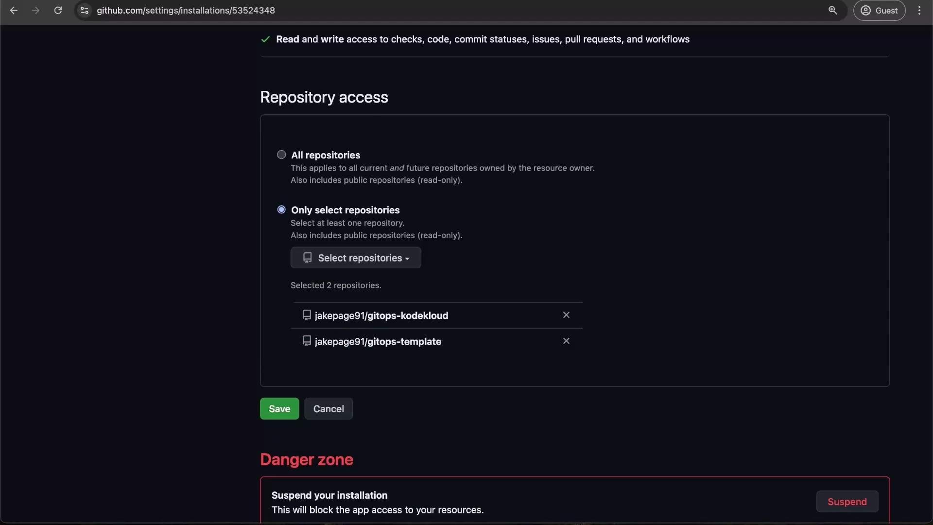 The image shows a GitHub repository access settings page where the user can select specific repositories for access. It includes options for "All repositories" and "Only select repositories," with two repositories currently selected.