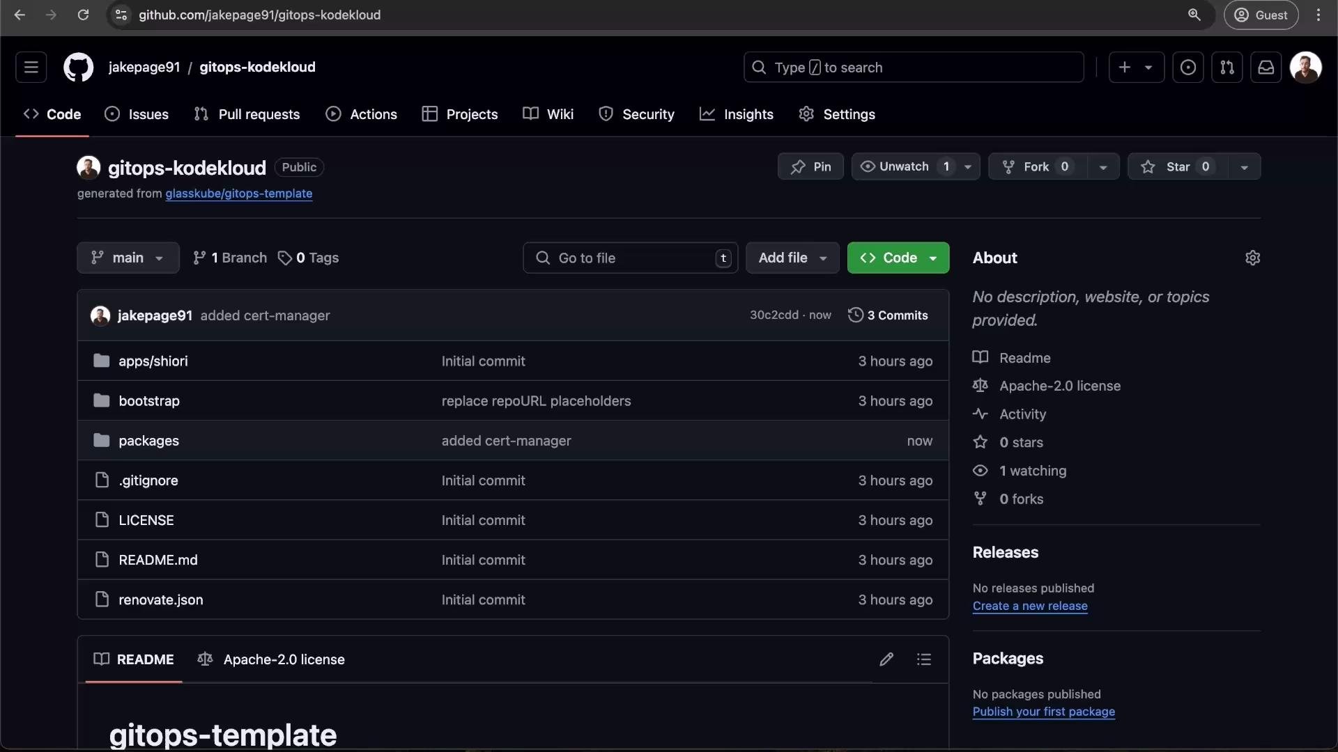 This image shows a GitHub repository page named "gitops-kodekloud" by the user "jakepage91". It features directories, files, recent commits, and information on the repository status, such as branches and stars.