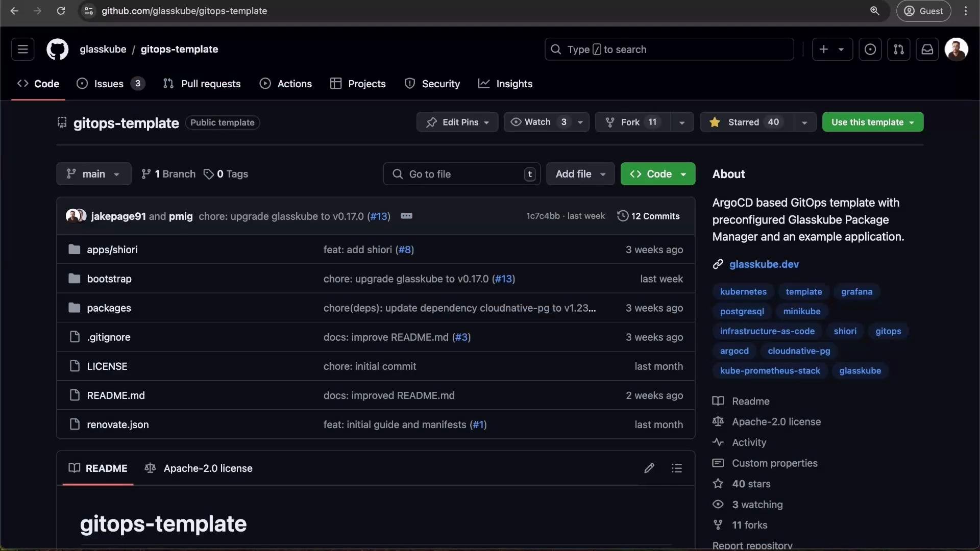 The image shows a GitHub repository page titled "gitops-template," containing a list of files and folders. The repository includes details about commits, an "About" section, and various tags related to the project.