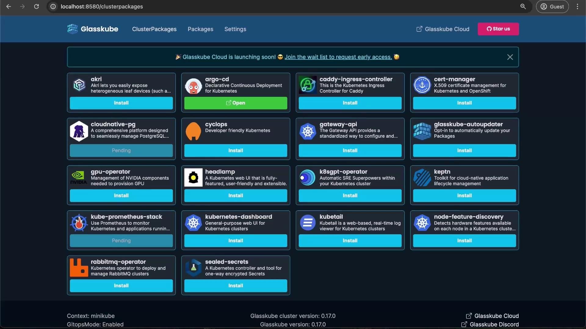 The image shows a dashboard interface for "Glasskube," featuring a list of software packages available for installation or management in a Kubernetes environment. Each package has a brief description and options to install, open, or manage settings.