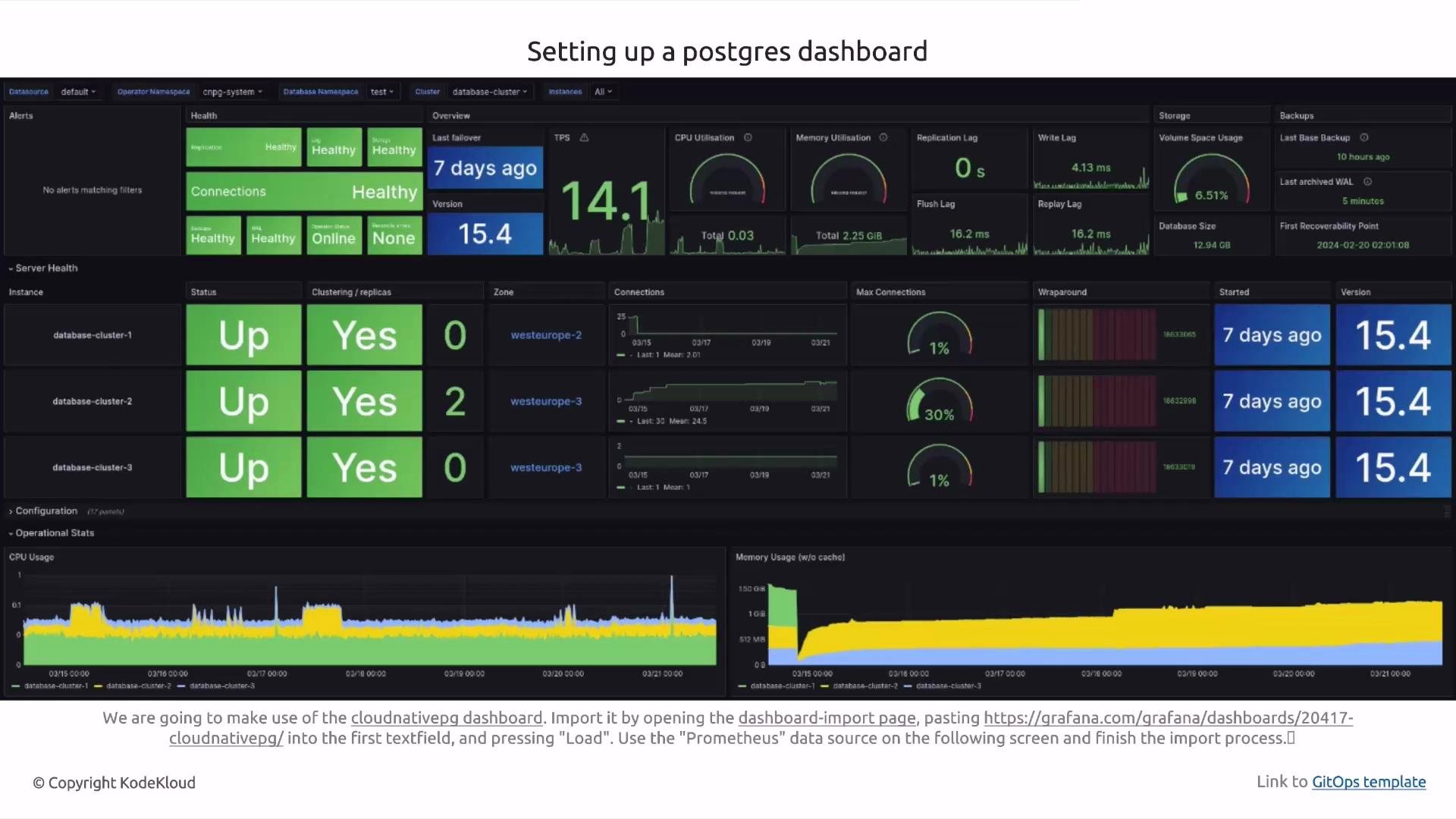 The image shows a PostgreSQL dashboard setup, featuring various database health metrics such as CPU and memory utilization, replication lag, storage usage, and server health status.
