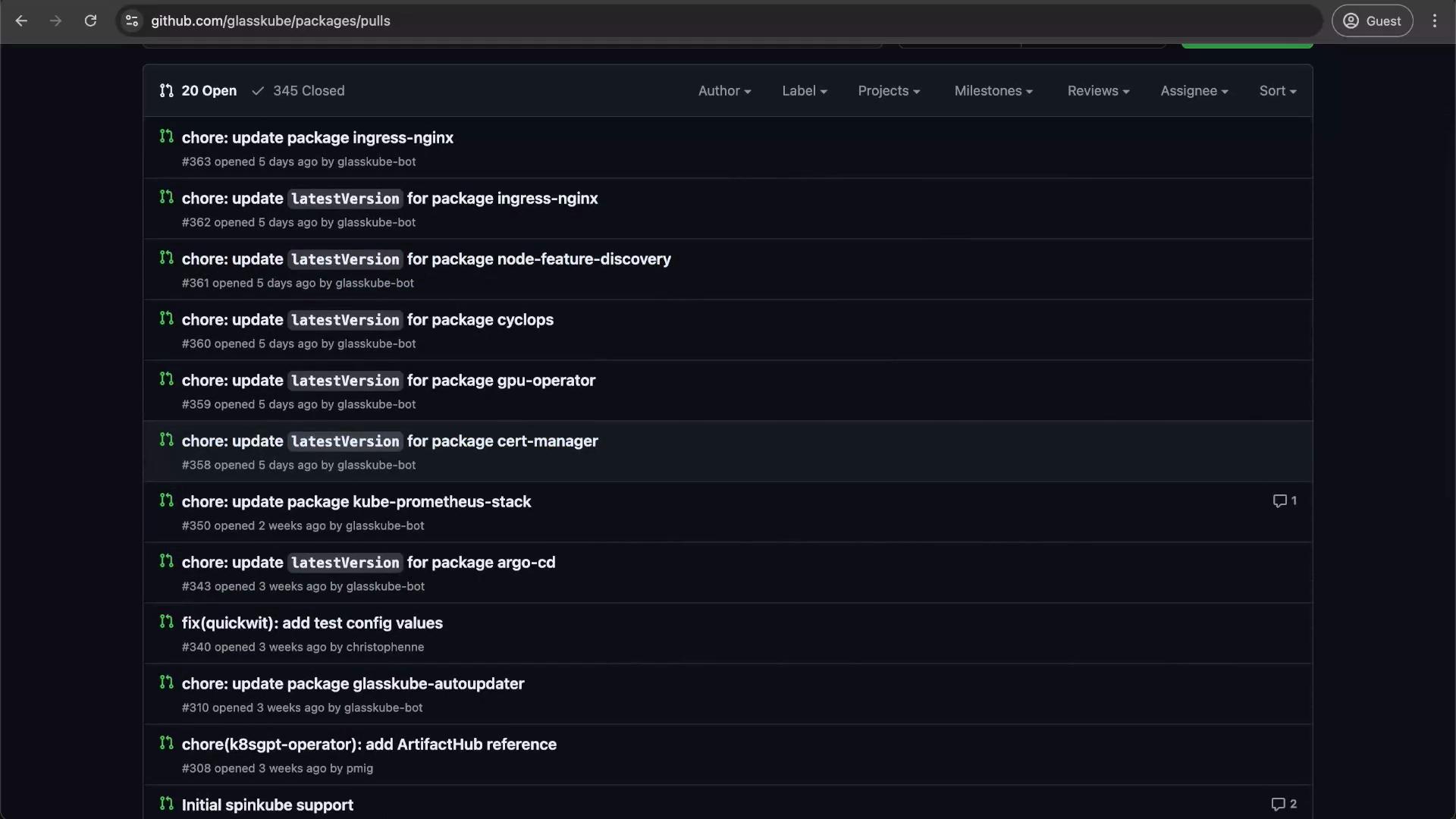 The image shows a GitHub page with a list of open pull requests for a project, including details like titles, authors, and timestamps.