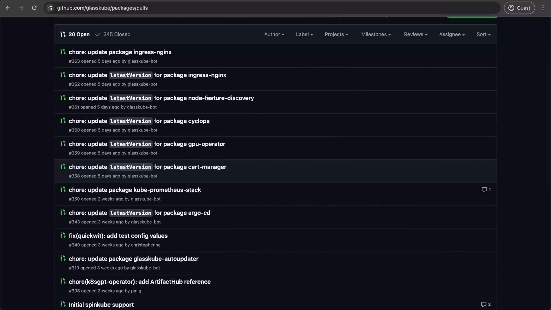 The image shows a GitHub page with a list of open pull requests for a project, including details like titles, authors, and timestamps.