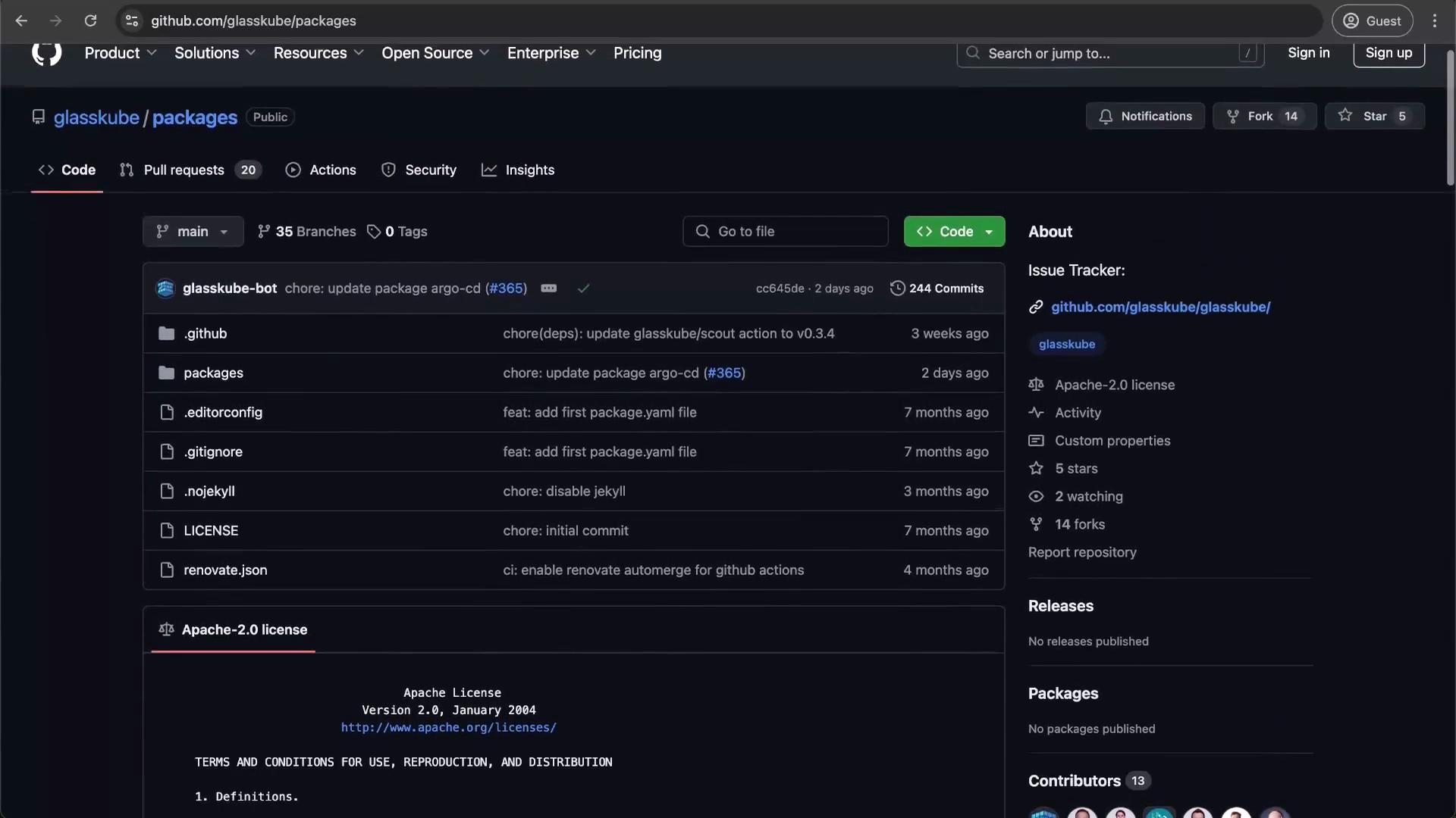 This is a screenshot of a GitHub repository page for "glasskube/packages," showing the main branch files and folders, recent commits, and repository details like license and contributors.