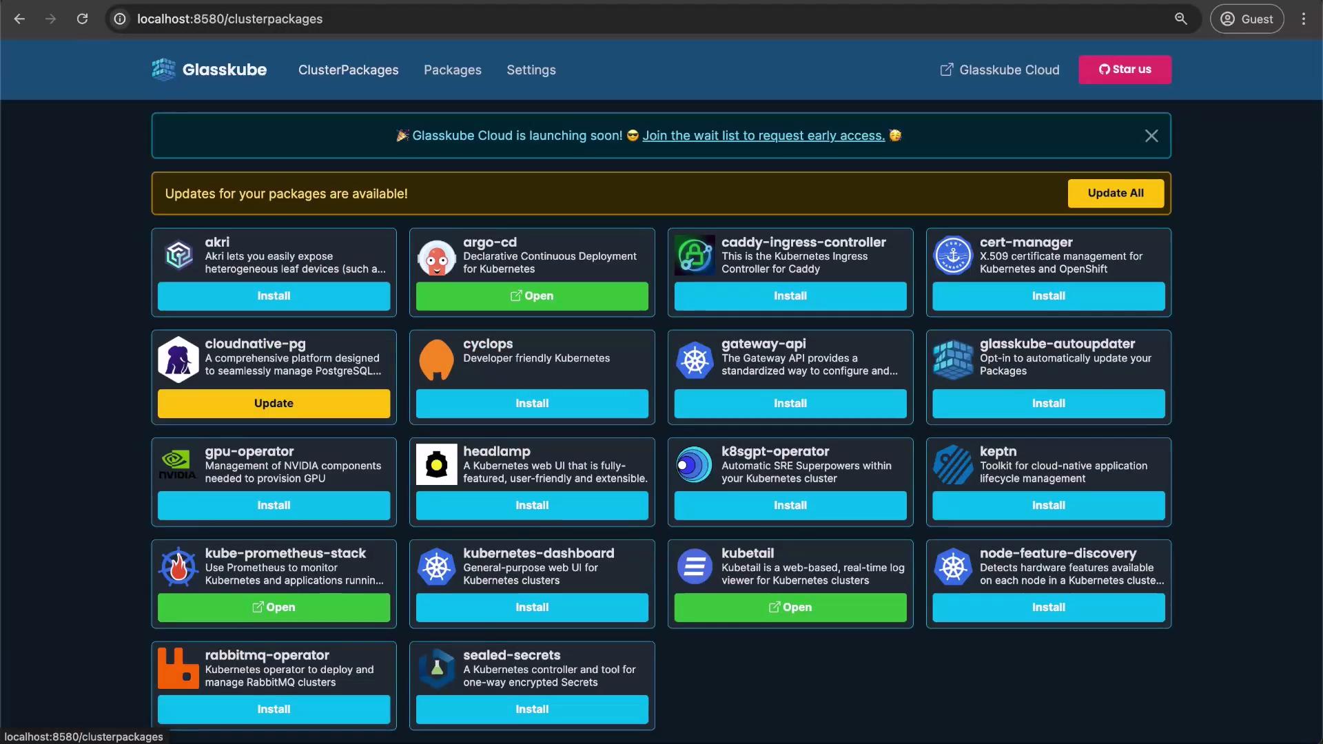 The image shows a web interface for a package manager called Glasskube, displaying a list of software packages with options to install or update them. Each package has a brief description and buttons for installation or updating.