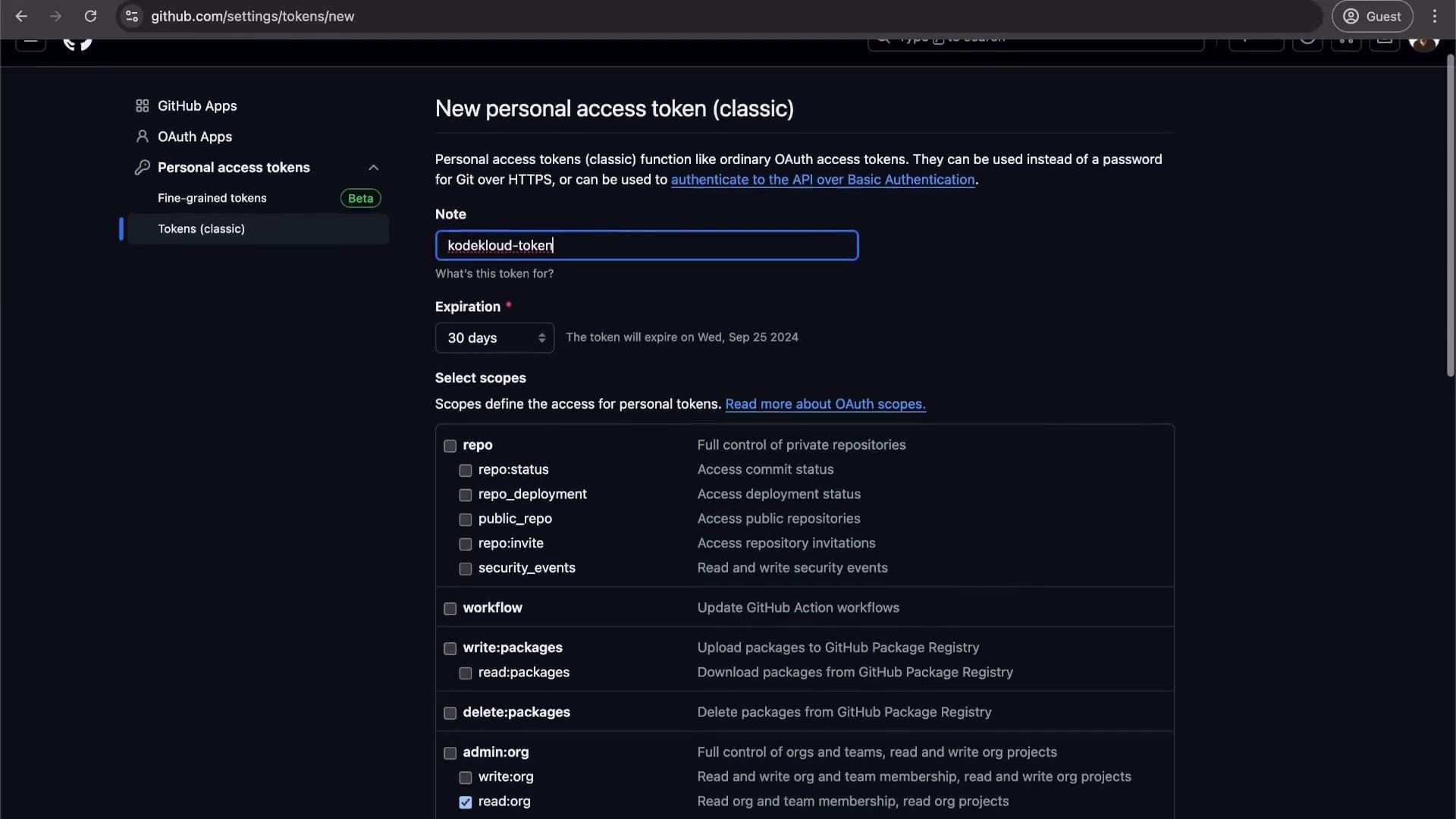 The image shows a GitHub page for creating a new personal access token, with options to set a note, expiration date, and select access scopes.