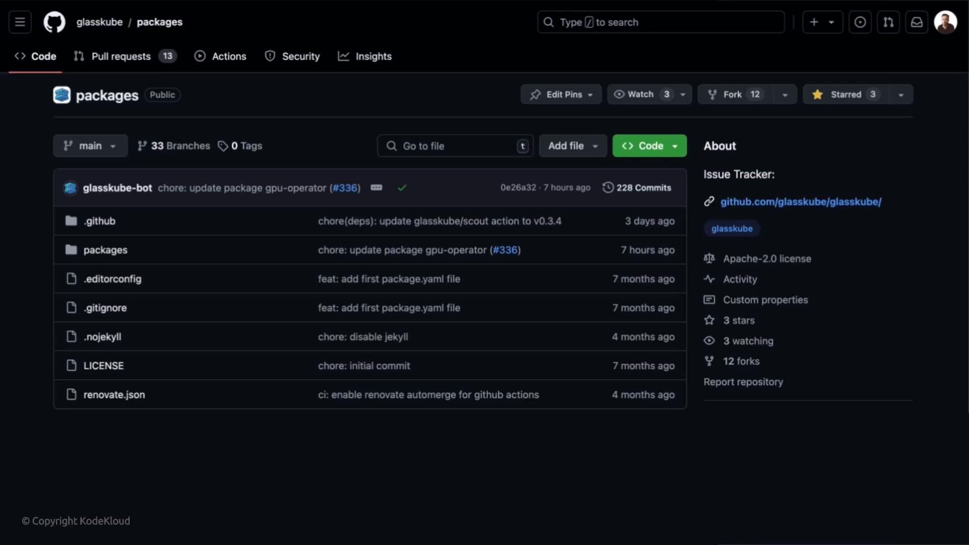 This image shows a GitHub repository page for "glasskube/packages," displaying files, commit messages, and repository statistics like stars and forks.